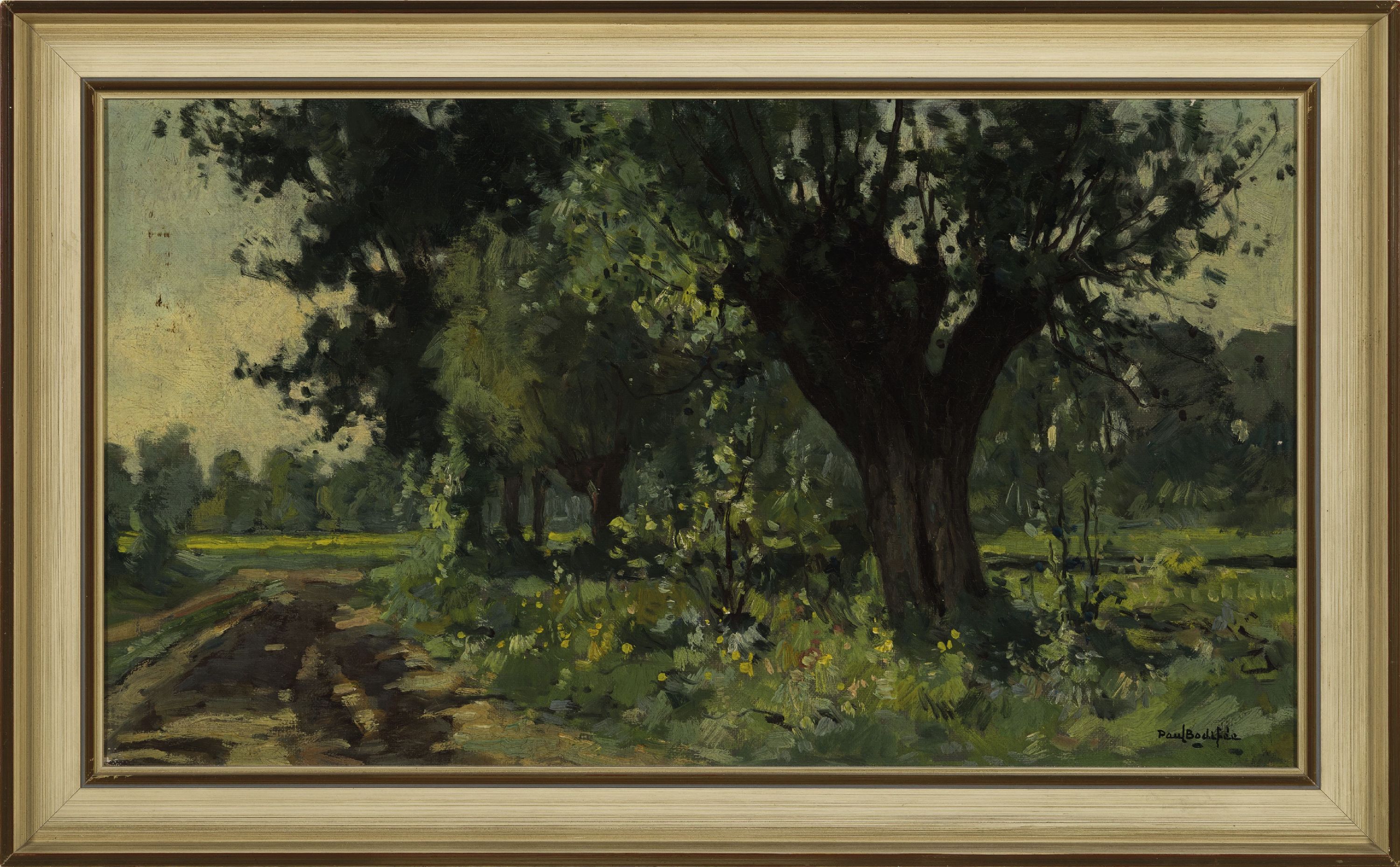 Detail k: Paul Bodifee, 1866-1939 Amsterdam, Frühlingslandschaft mit Baum bestandenem Waldweg, Öl/Sperrholz, rechts unten sign., ca. 26x45cm, R. ca. 32x52cm