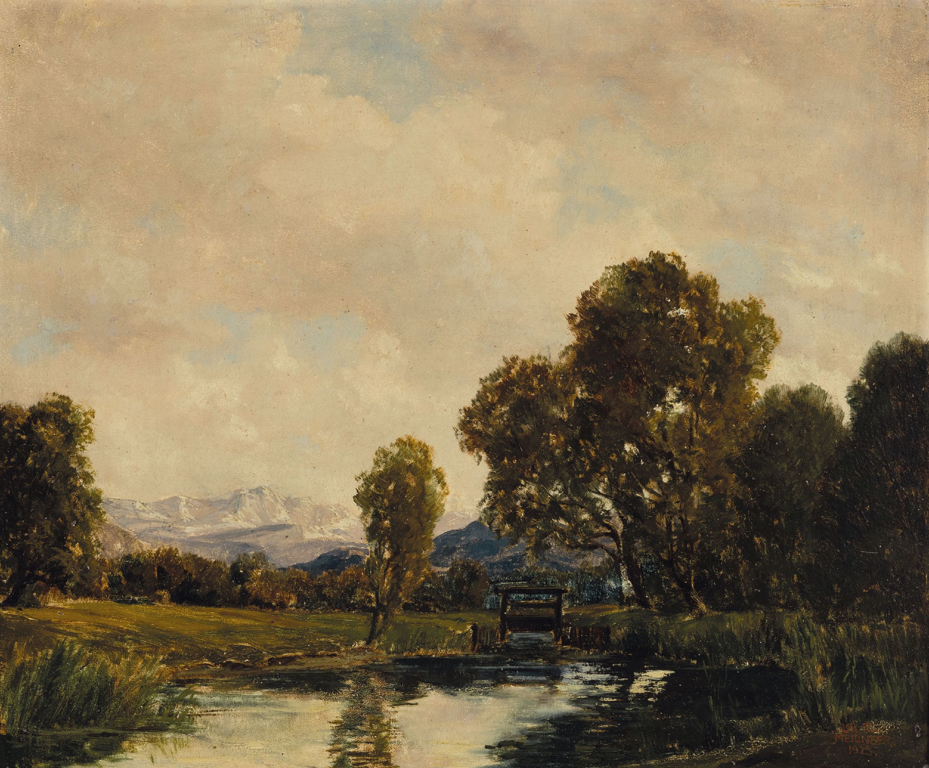 Lothar Rudolf Meilinger, 1887-1935, Landschaft mit See und Blick auf die Alpen im Hintergrund, Öl/Malkarton, rechts unten signiert, ca. 43x52cm, R. ...