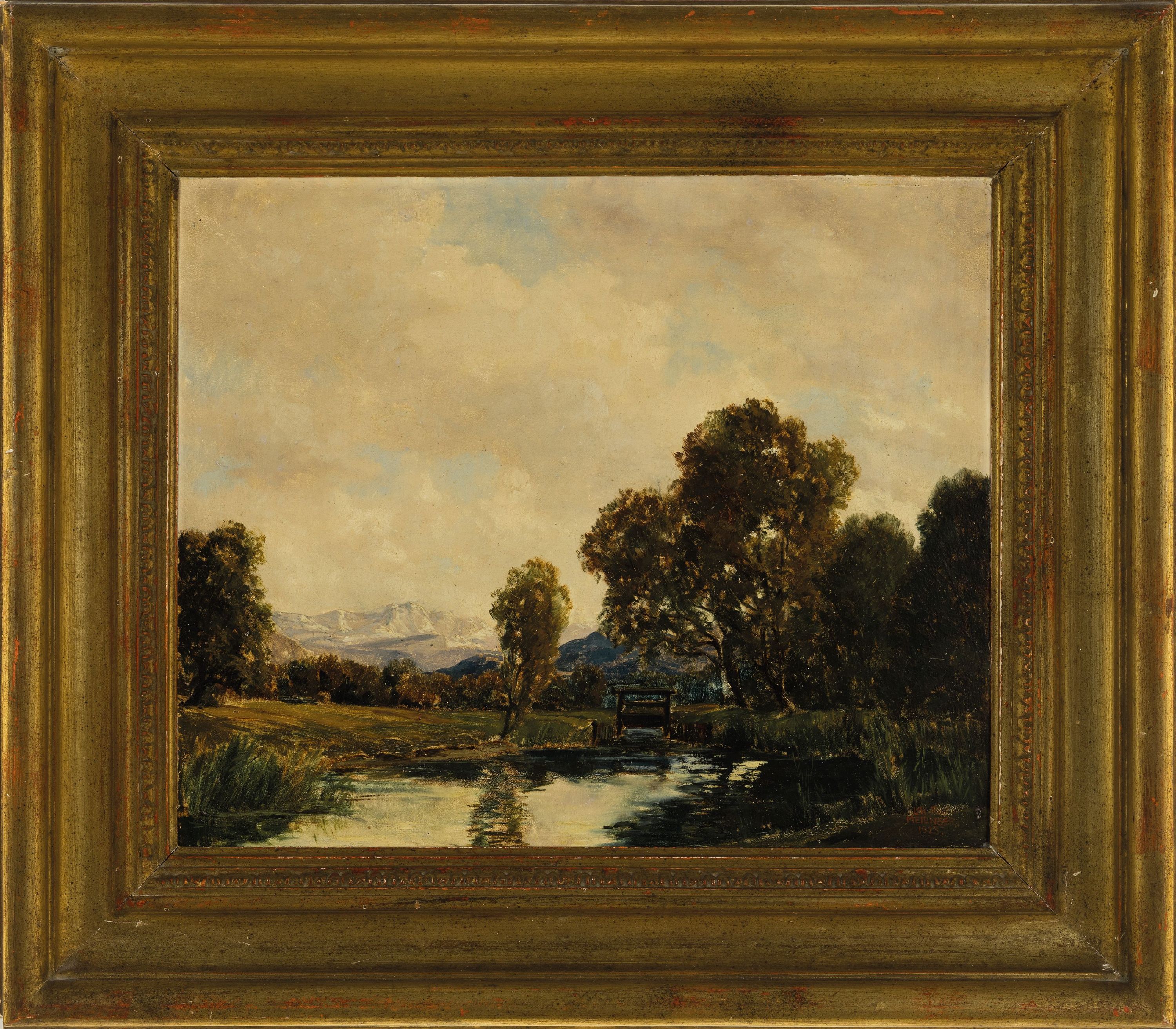 Detail k: Lothar Rudolf Meilinger, 1887-1935, Landschaft mit See und Blick auf die Alpen im Hintergrund, Öl/Malkarton, rechts unten signiert, ca. 43x52cm, R. ...