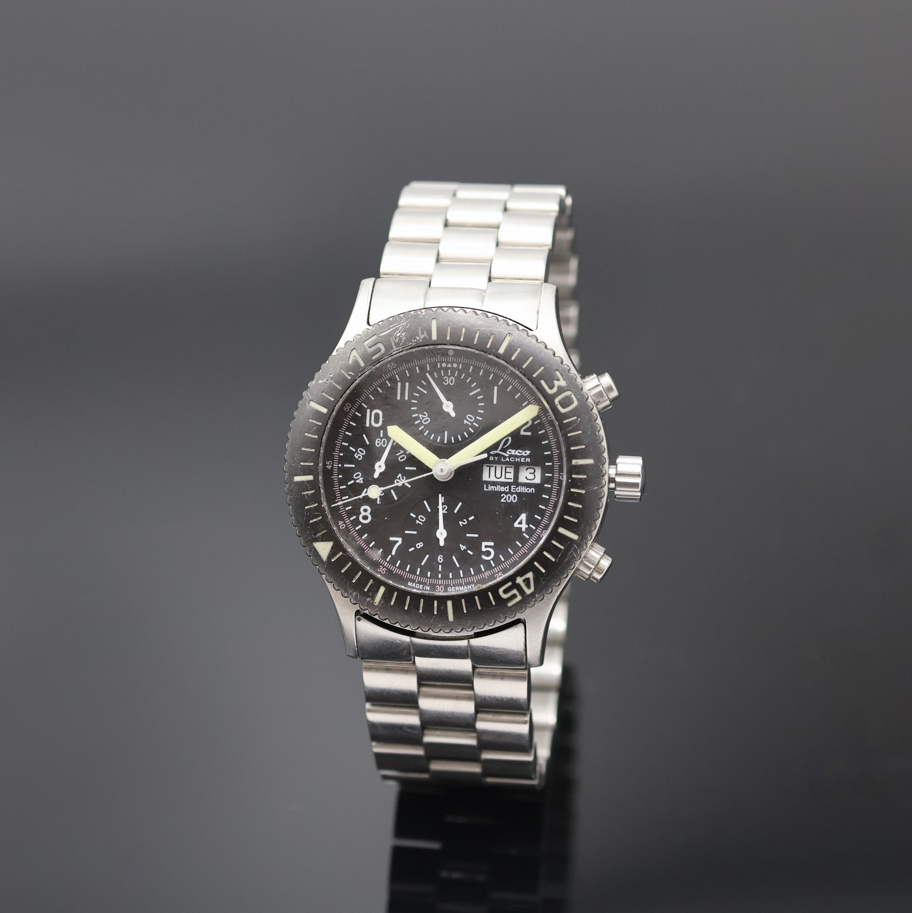 LACO by LACHER Armbandchronograph Limited Edition 200, Deutschland um 2000, Automatik, Edelstahlgeh. inkl. Gliederband m. dopp. Faltschl., beids. ...