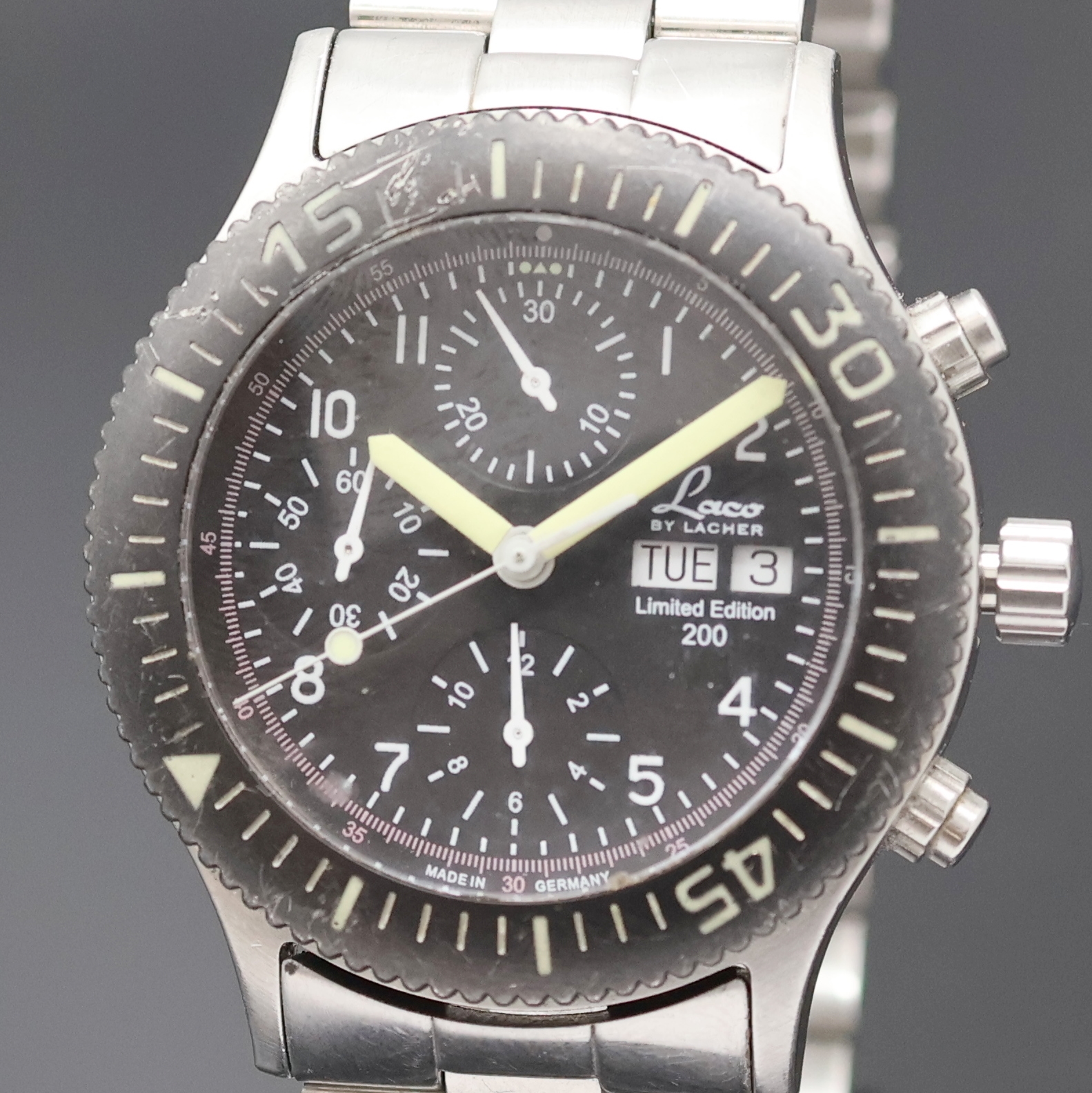 Detail a: LACO by LACHER Armbandchronograph Limited Edition 200, Deutschland um 2000, Automatik, Edelstahlgeh. inkl. Gliederband m. dopp. Faltschl., beids. ...