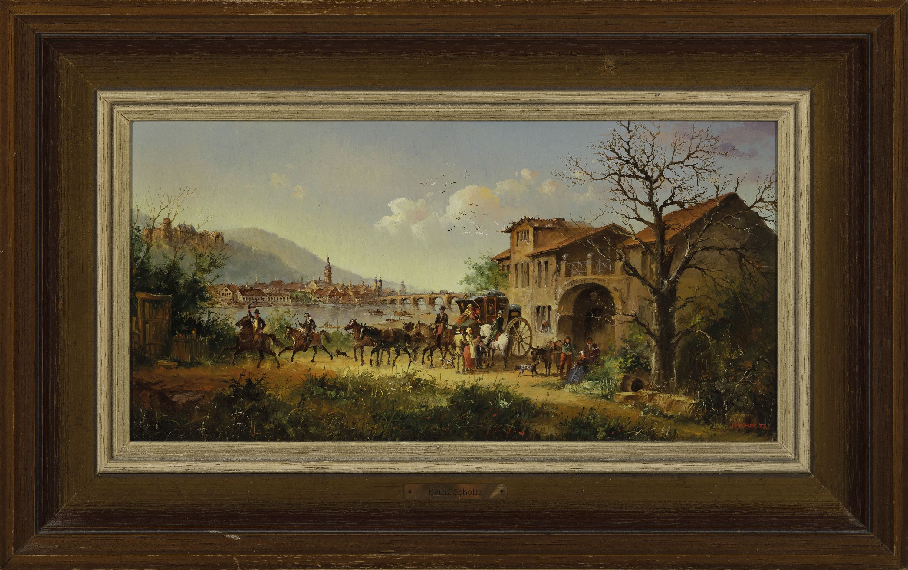 Detail k: Heinz Scholtz, geb. 1925 Berlin, "Reisegesellschaft am Neckar", Blick über den Neckar auf Heidelberg, vordergründiger Gasthof mit ...