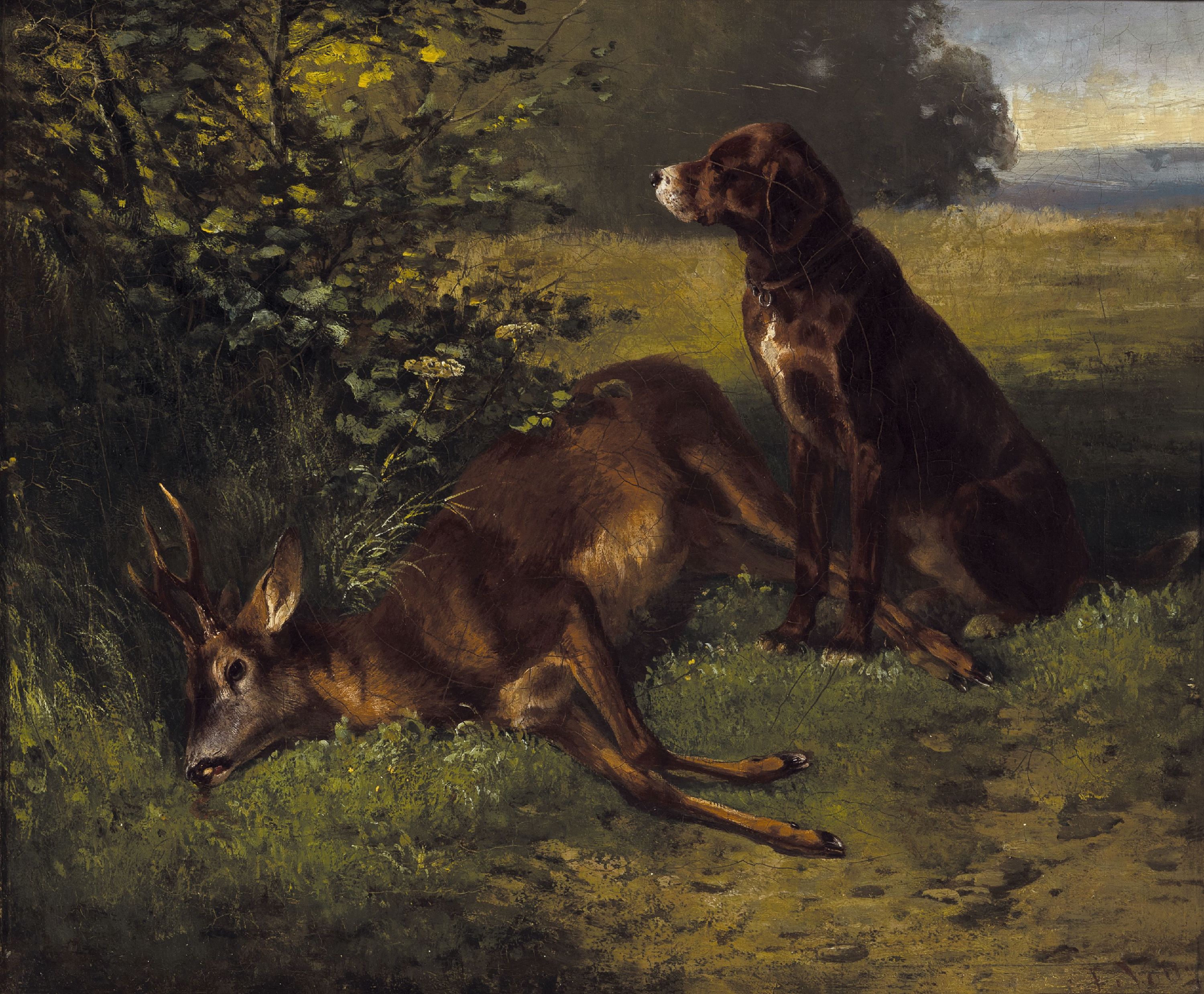 Ludwig Gustav Voltz, 1925-1911, Jagdhund mit erlegtem Rehbock, Öl/Lwd, rechts unten signiert, durch Rahmen halb verdeckt, verso zwei unvollständige ...