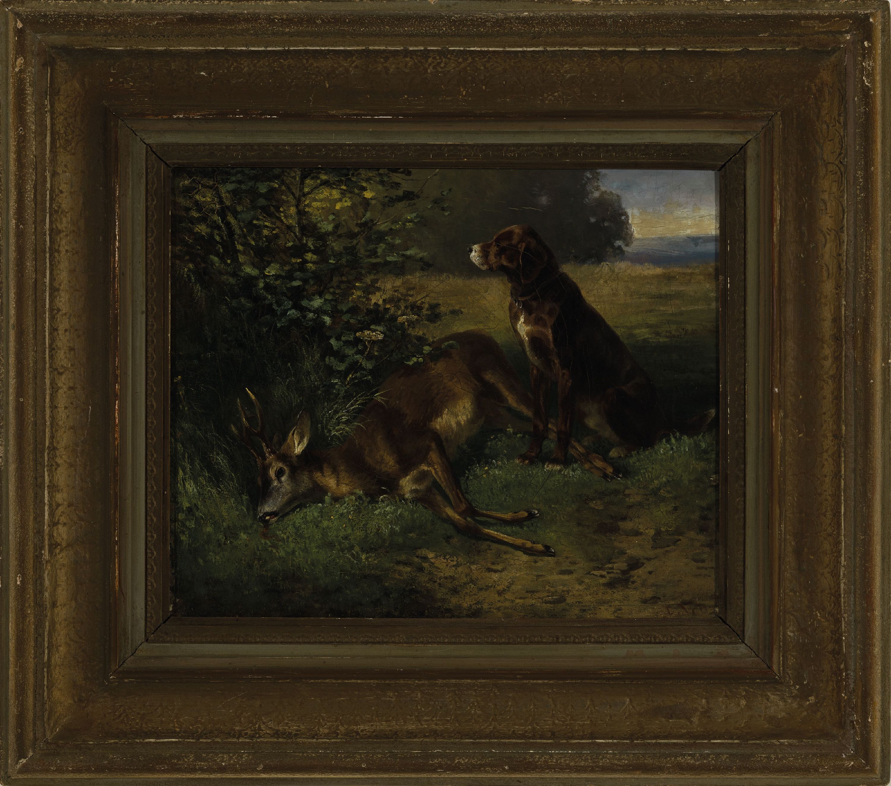 Detail k: Ludwig Gustav Voltz, 1925-1911, Jagdhund mit erlegtem Rehbock, Öl/Lwd, rechts unten signiert, durch Rahmen halb verdeckt, verso zwei unvollständige ...