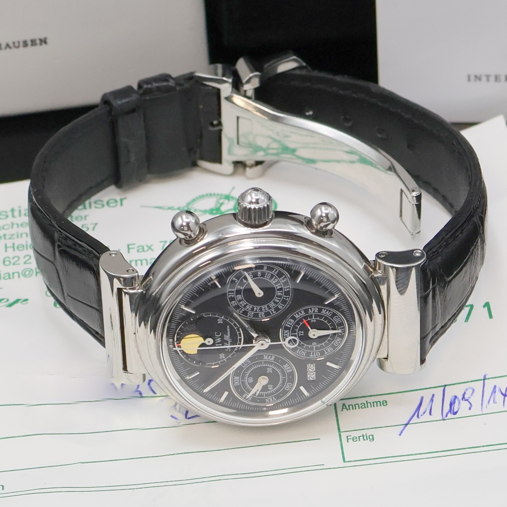 Detail c: IWC astronomischer Armbandchronograph Da Vinci mit ewiger Kalender Referenz IW3750, Schweiz um 2000, Automatik, Edelstahlgeh. inkl. orig. Lederband ...