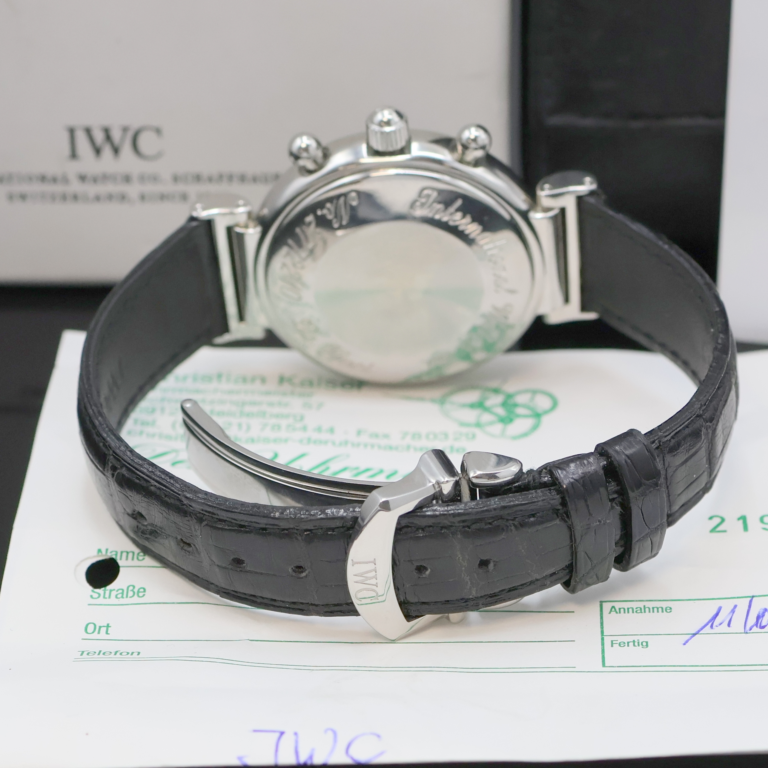 Detail d: IWC astronomischer Armbandchronograph Da Vinci mit ewiger Kalender Referenz IW3750, Schweiz um 2000, Automatik, Edelstahlgeh. inkl. orig. Lederband ...