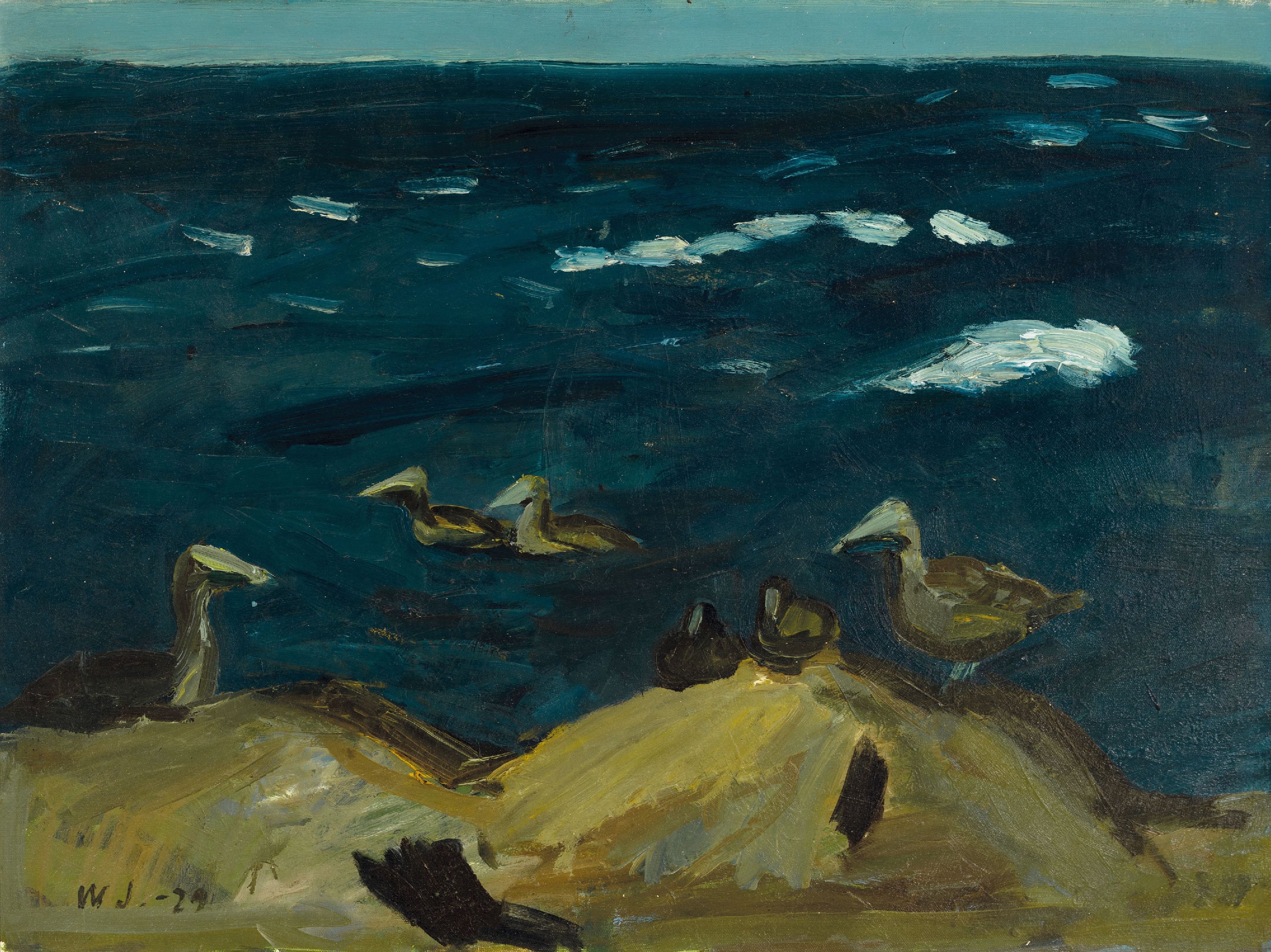 Eigil Wendelboe Jensen, 1899-1940, Enten am felsigen Strand, Öl/Lwd, links unten monogr. und dat. 29, ca. 60x80cm, R. ca. 71x91cm