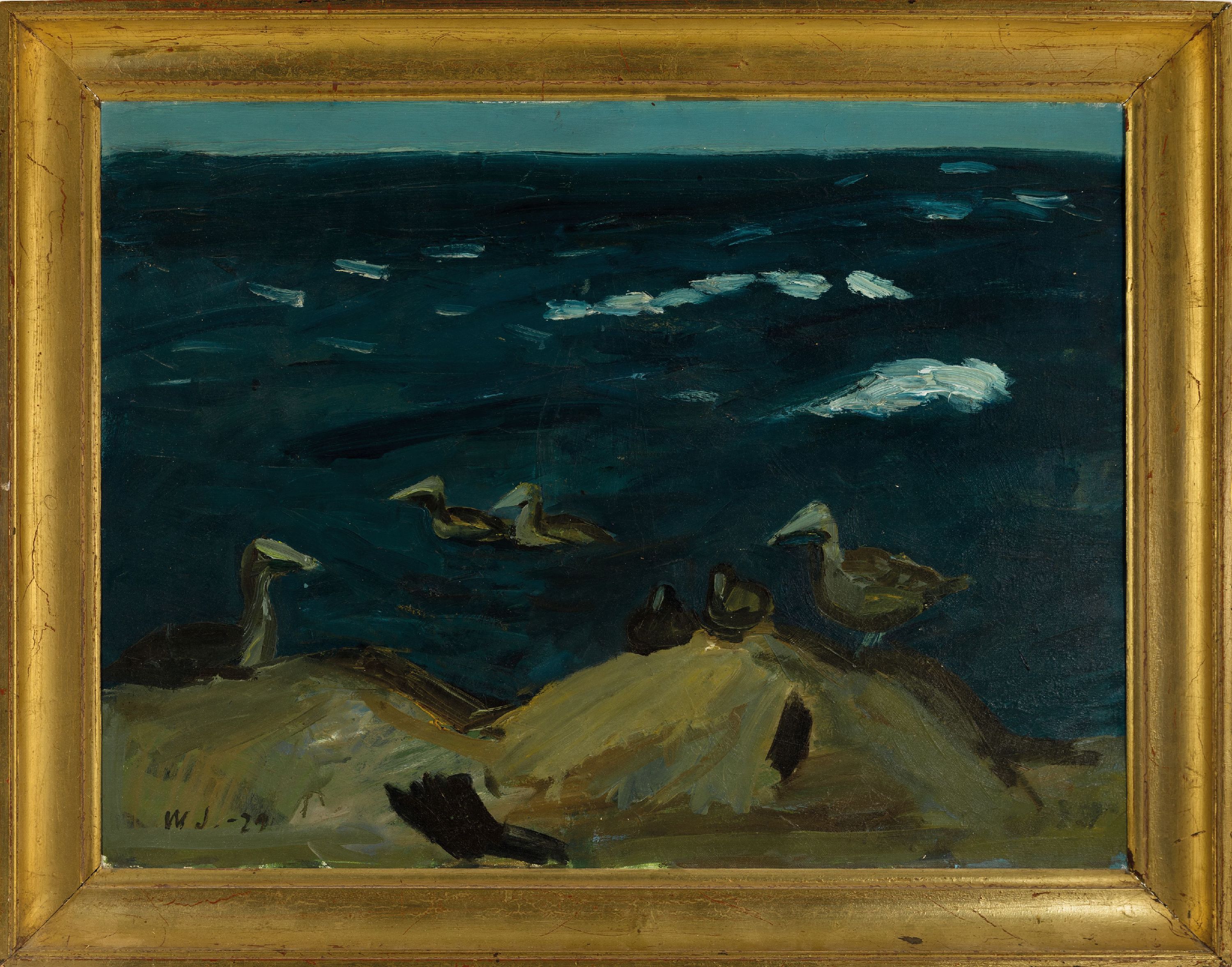Detail k: Eigil Wendelboe Jensen, 1899-1940, Enten am felsigen Strand, Öl/Lwd, links unten monogr. und dat. 29, ca. 60x80cm, R. ca. 71x91cm