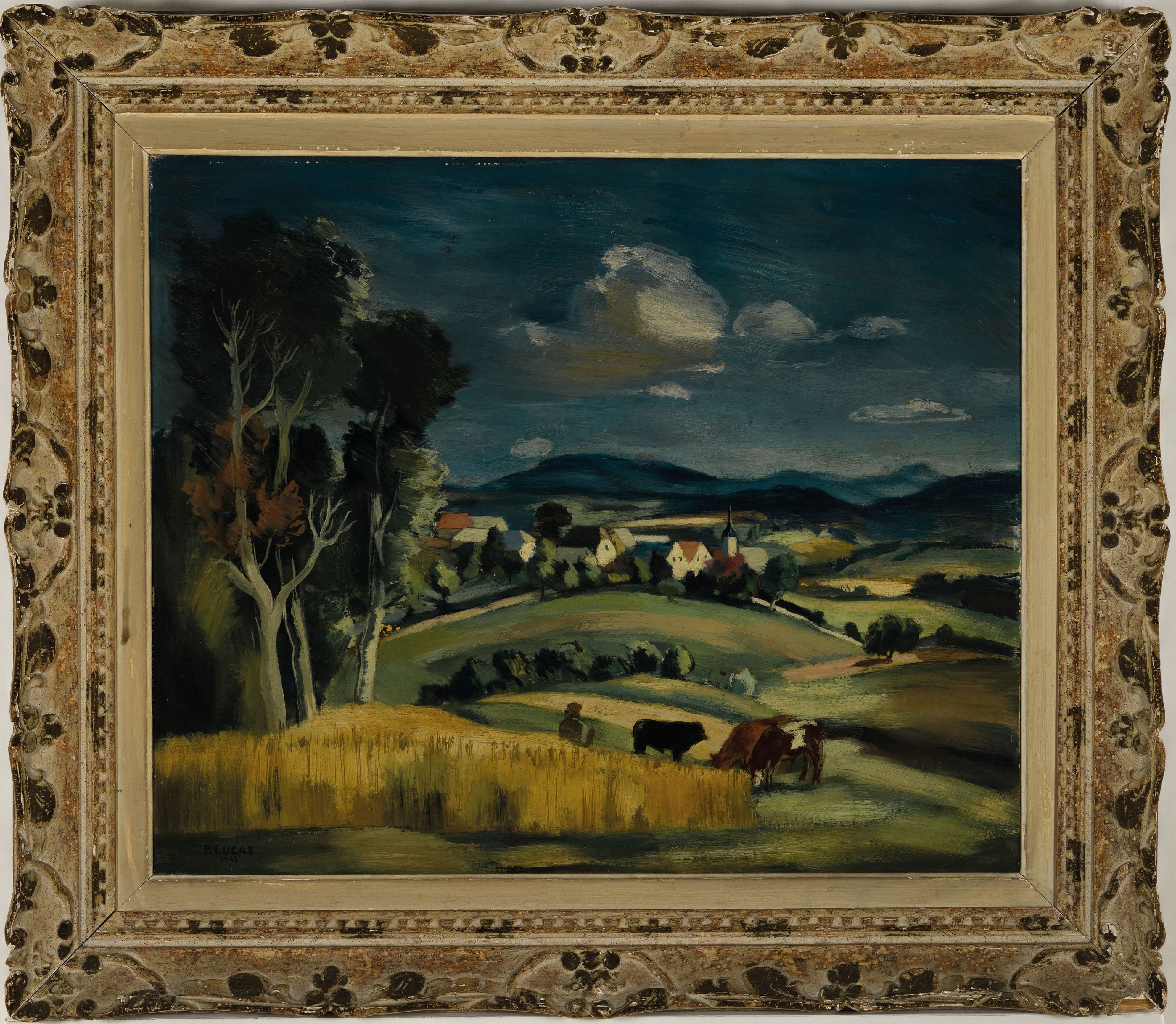 Detail k: Pierre Robert Lucas, 1913-1978, Sommerliche Landschaft mit weidenden Kühen, Öl/Holz, rechts unten sign. und dat. 1942, ca. 53x65cm, R. ca. 73x84cm