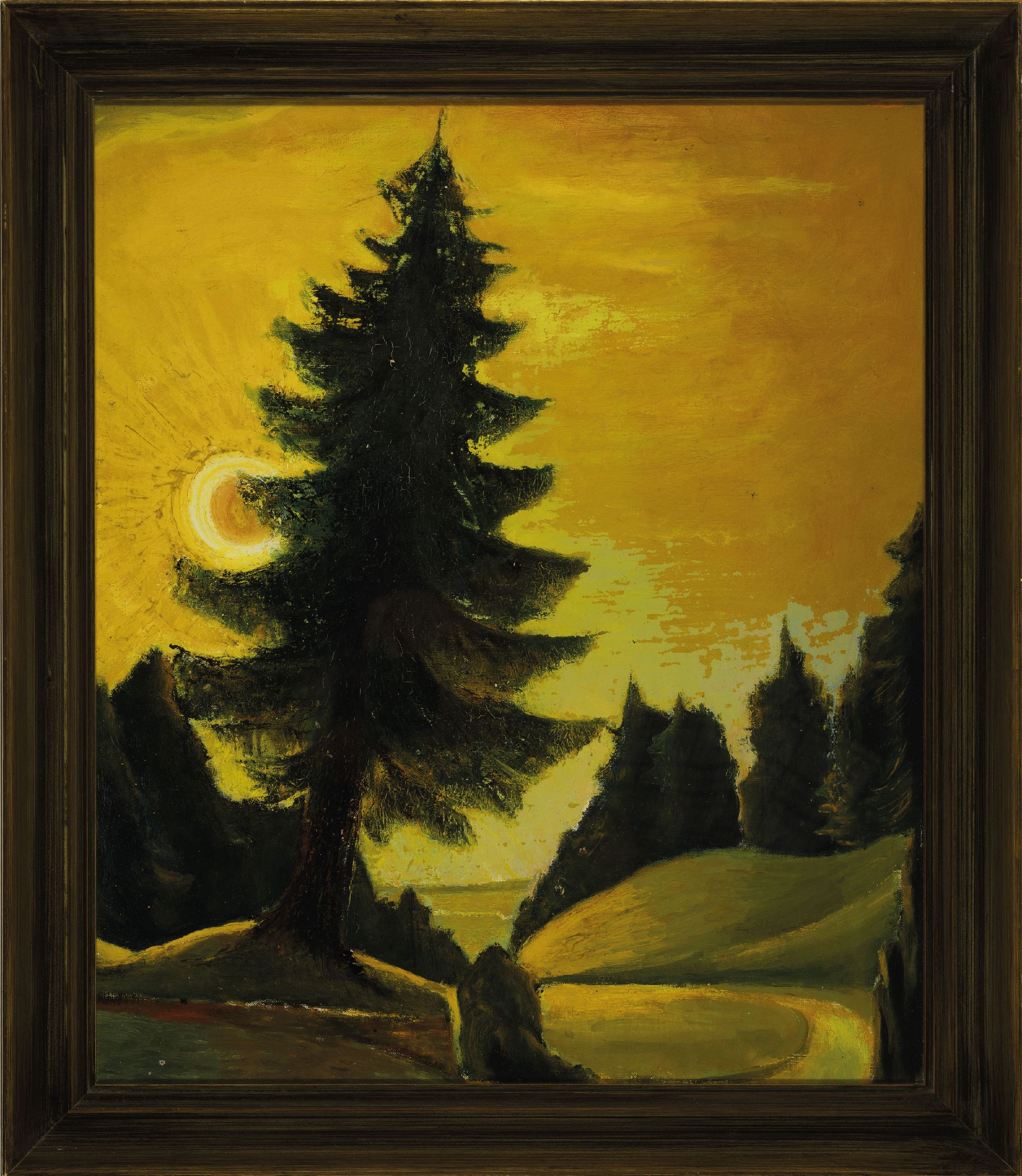 Detail k: Richard Stitzel, 1893 Mannheim-1982, Sonnenaufgang hinter einer Tanne, Öl/Lwd, rückseitig signiert, ca. 62x52cm, u.Gl., R. ca. 73x63cm