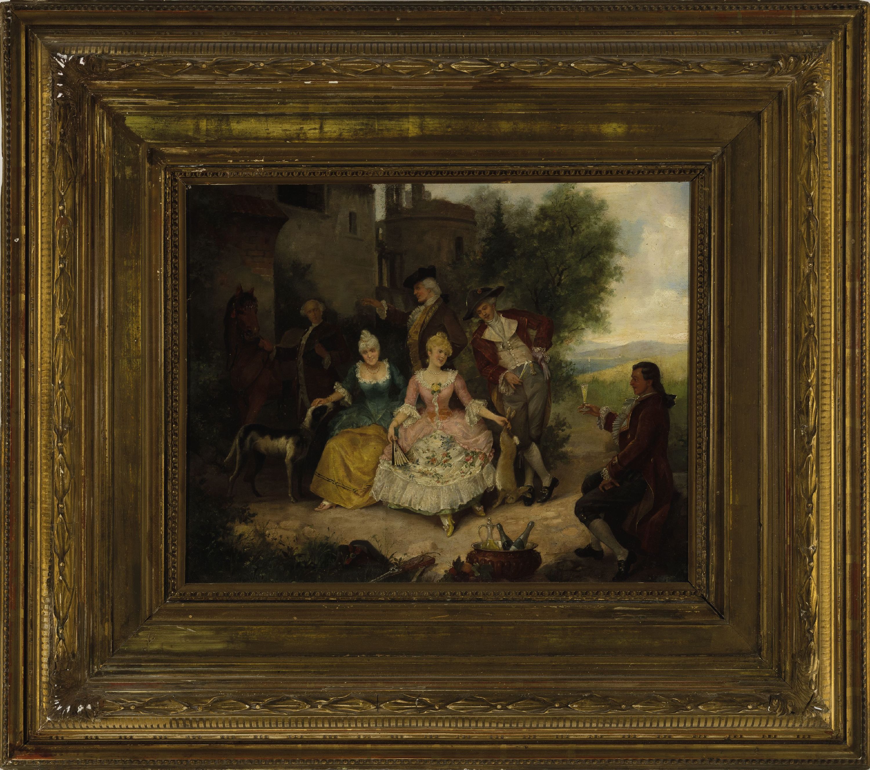 Detail k: Hugo von Wild, Maler des 19./20. Jh., Rokokogesellschaft beim Picknick vor der Stadt, Öl/Holz, links unten sign. und dat. 95, ca. 38x46cm, R. ca. ...