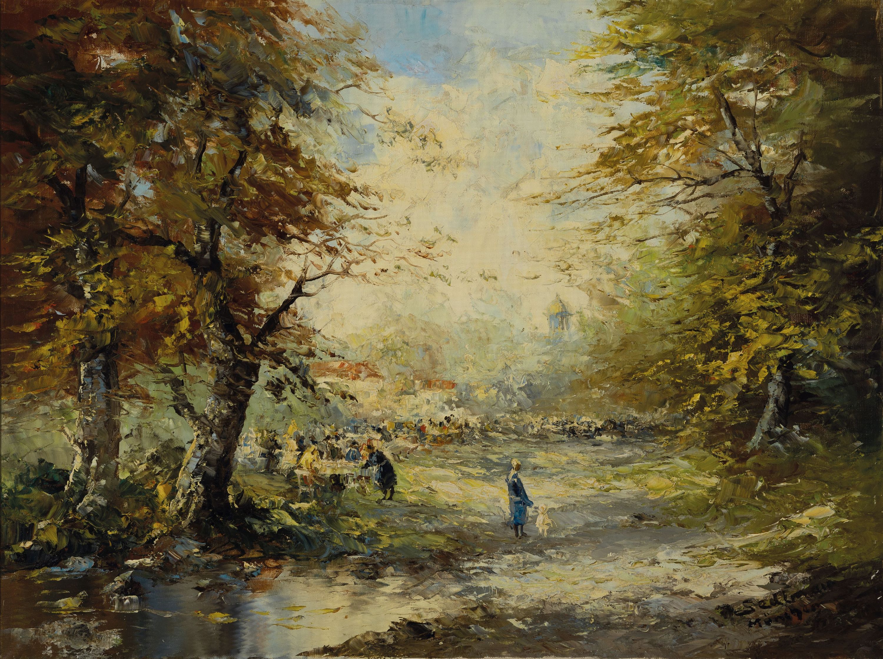 Sedlmair, Münchner Maler des frühen 20. Jh., Ausflugslokal vor den Toren Münchens, Öl/Lwd, rechts unten signiert und bez. München, ca. 60x80cm, ...