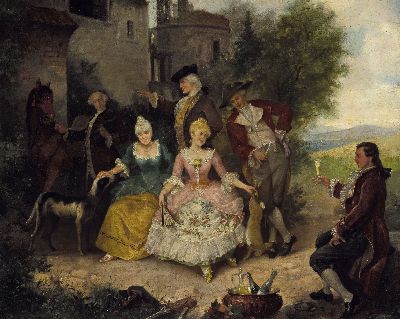 Image Hugo von Wild, Maler des 19./20. Jh., Rokokogesellschaft beim Picknick vor der Stadt, ...