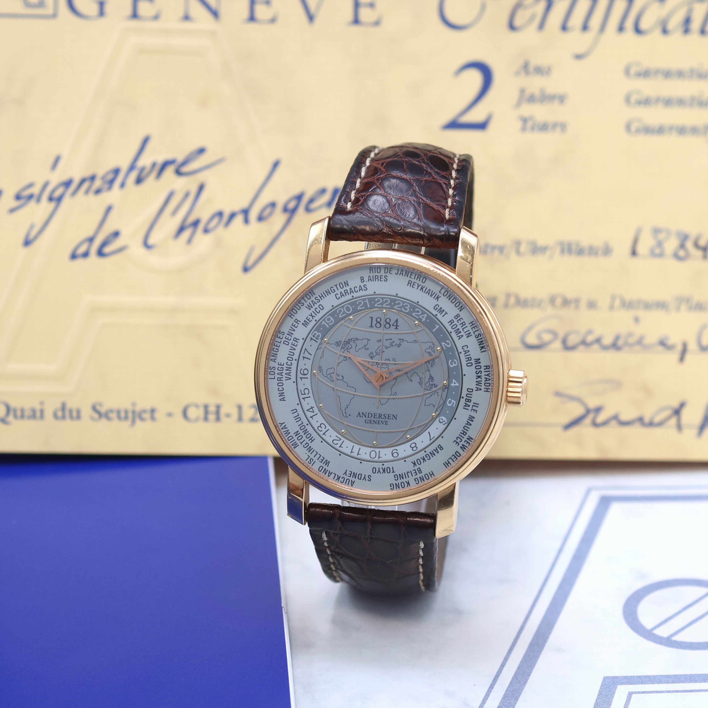 ANDERSEN GENEVE 1884 seltene, auf 120 Stück limitierte Weltzeit-Armbanduhr in RG 750/000, Automatik, hergestellt als Hommage an Sir Stanford Fleming ...
