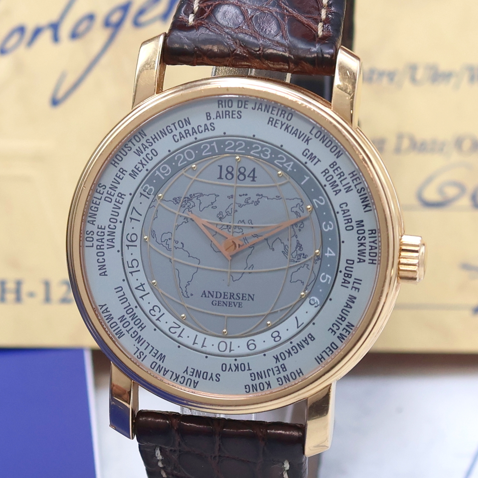 Detail a: ANDERSEN GENEVE 1884 seltene, auf 120 Stück limitierte Weltzeit-Armbanduhr in RG 750/000, Automatik, hergestellt als Hommage an Sir Stanford Fleming ...