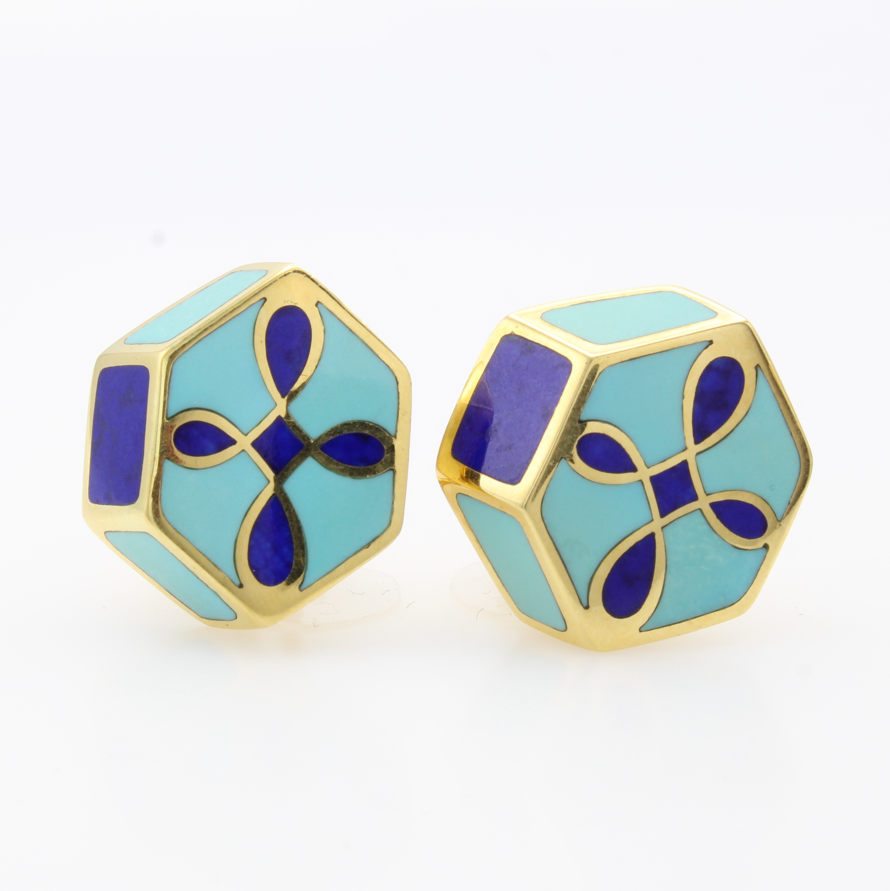 Image 26967144 - Paar Ohrstecker mit Lapislazuli und Türkisen, GG 750/000, abgeschrägt gearb., mit ...