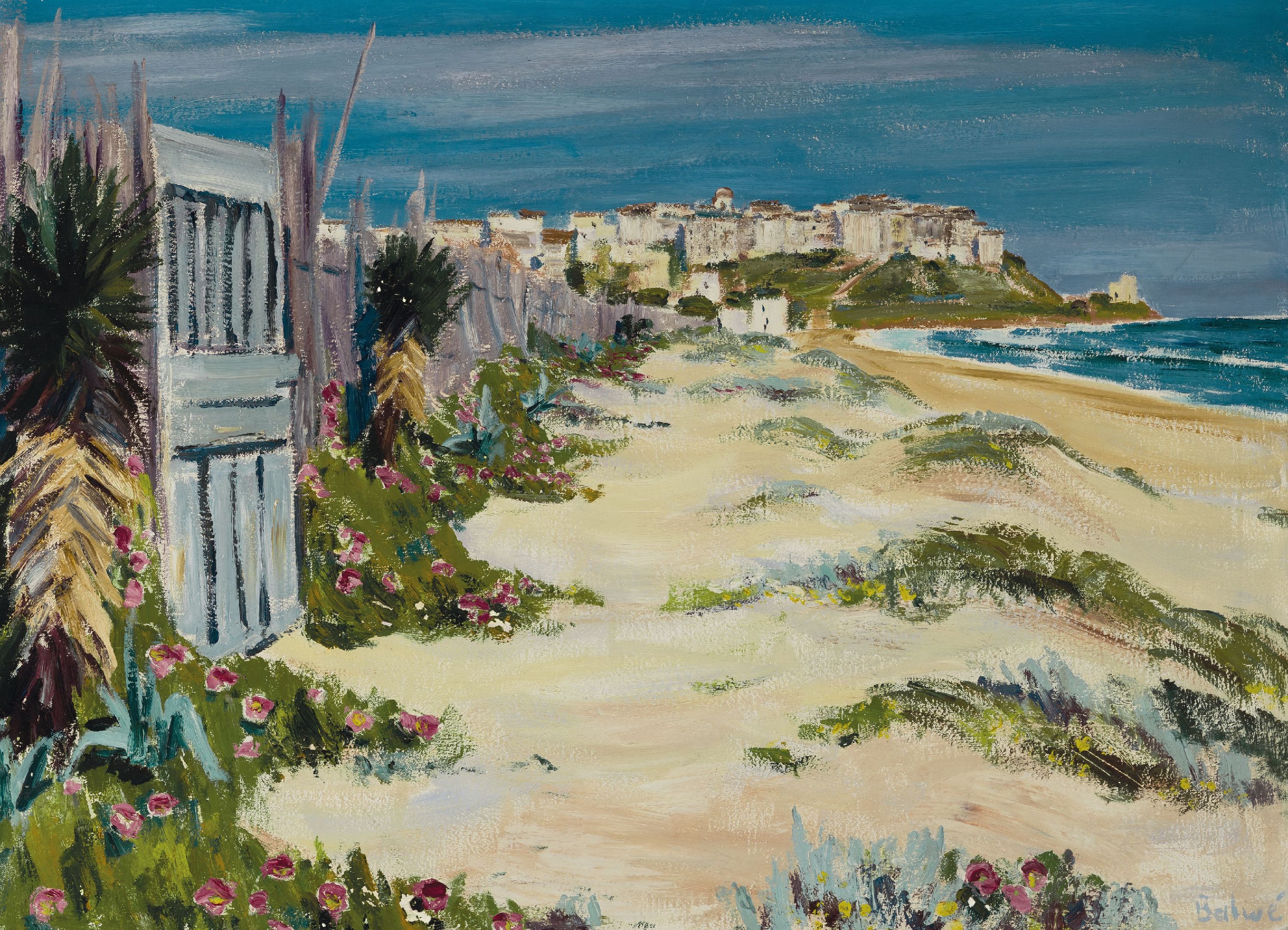 Arnold Balwé, 1898 Dresden-1983 Prien am Chiemsee, "Sperlonga (Riviera di Gaeta)" so verso bezeichnet, Blick entlang des Strandes mit ...