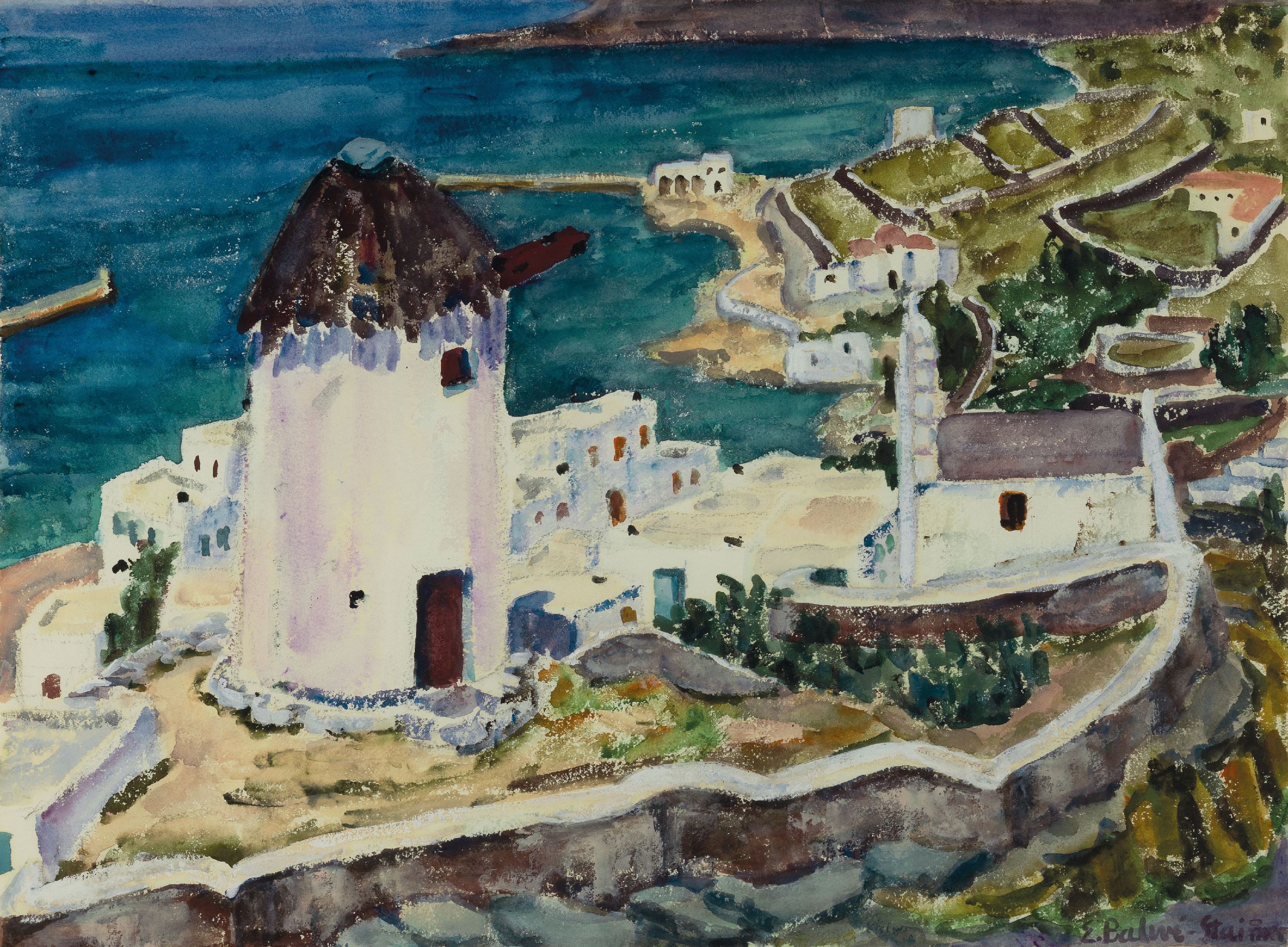 Elisabeth Balwe-Staimmer, 1896 Straubing-1973 Traunstein, Aquarell, griechische Stadtlandschaft, Blick über Küstenstreifen mit charakteristisch ...