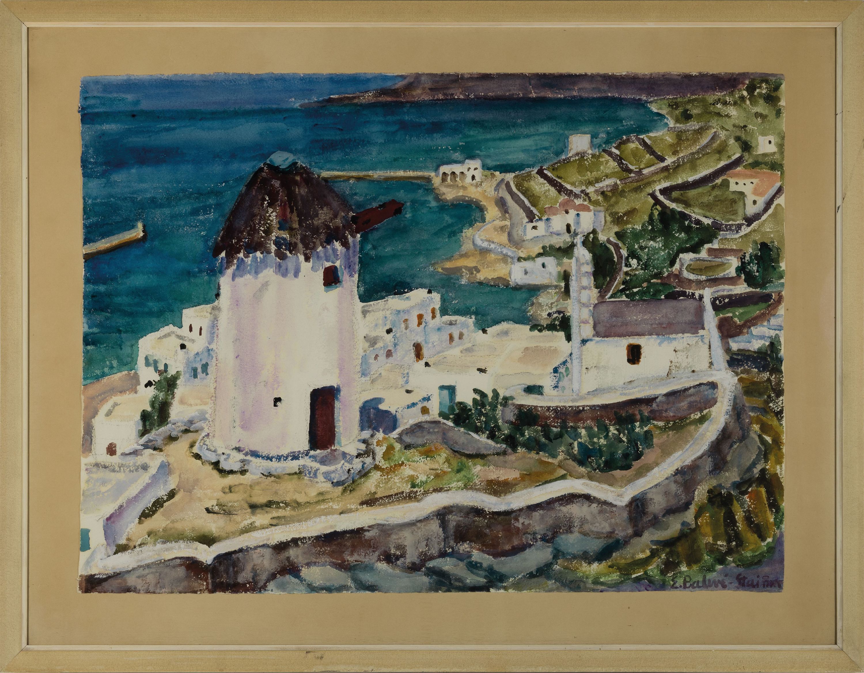 Detail k: Elisabeth Balwe-Staimmer, 1896 Straubing-1973 Traunstein, Aquarell, griechische Stadtlandschaft, Blick über Küstenstreifen mit charakteristisch ...