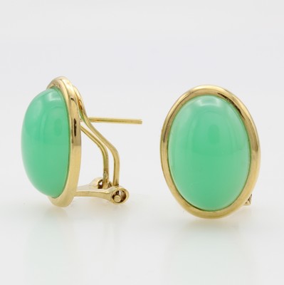 26967142a - Paar Ohrstecker mit Chrysoprasen, GG 585/000, 2 ovale Chrysoprase in glatter Fassung, M. ...