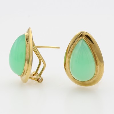 26967143a - Paar Ohrstecker mit Chrysoprasen, GG 585/000, 2 tropfenf. Chrysoprase, M. ca. 13x8 mm, ...