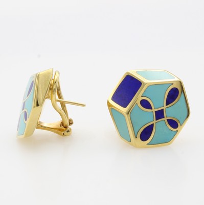 26967144a - Paar Ohrstecker mit Lapislazuli und Türkisen, GG 750/000, abgeschrägt gearb., mit ...