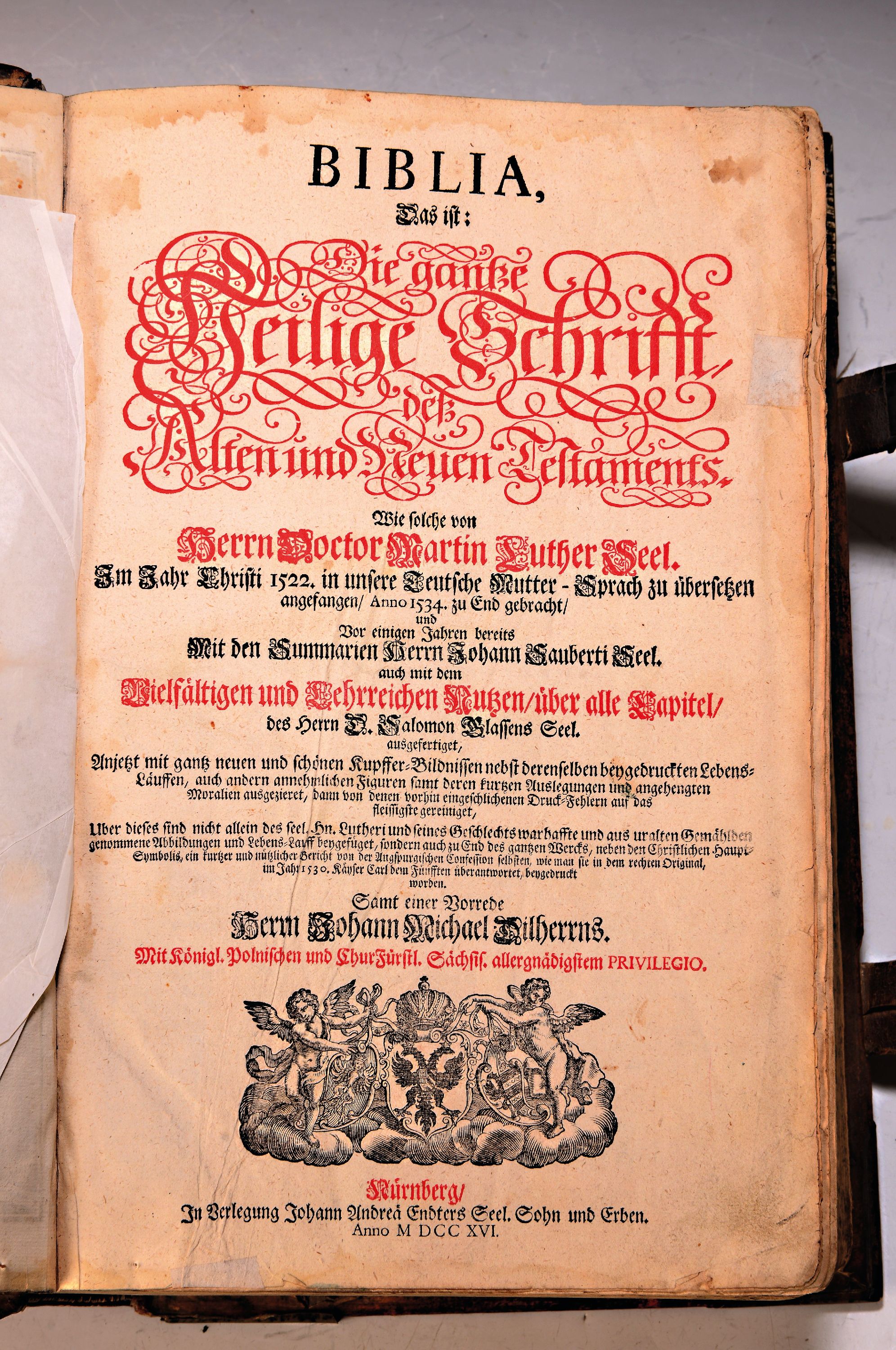 Detail b: Lutherbibel/Die gantze Heilige Schrift, des Alten und Neuen Testaments, Herrn Doctor Martin Luther.., Nürnberg Johann Andrea Endter Seel. Sohn und ...