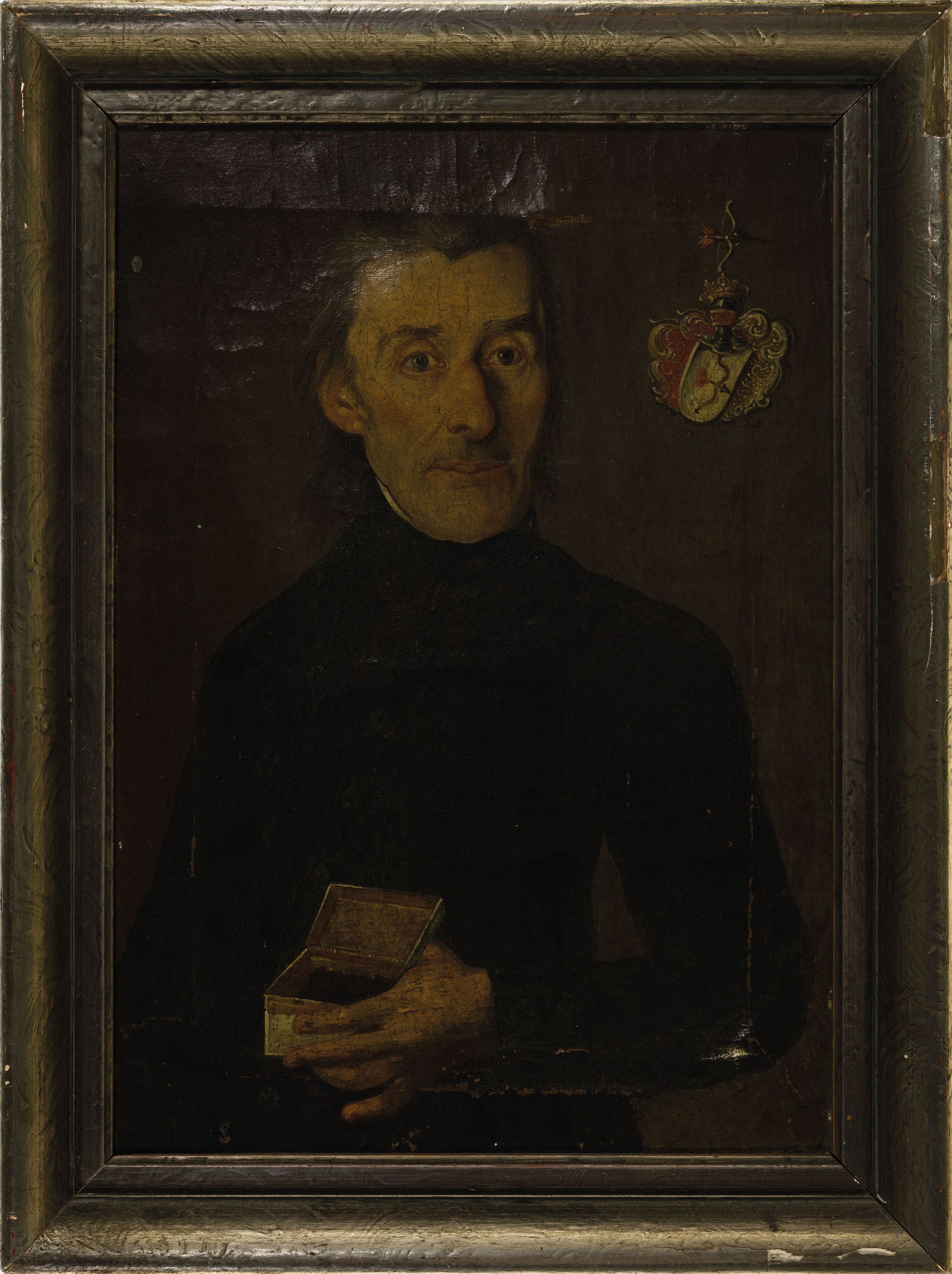 Detail k: Unbekannter Künstler, um 1800, Porträt eines Mannes mit Deckeldose, Öl/Lwd, unsign., versobezeichnet Martin Schnitzer, krakeliert, ...
