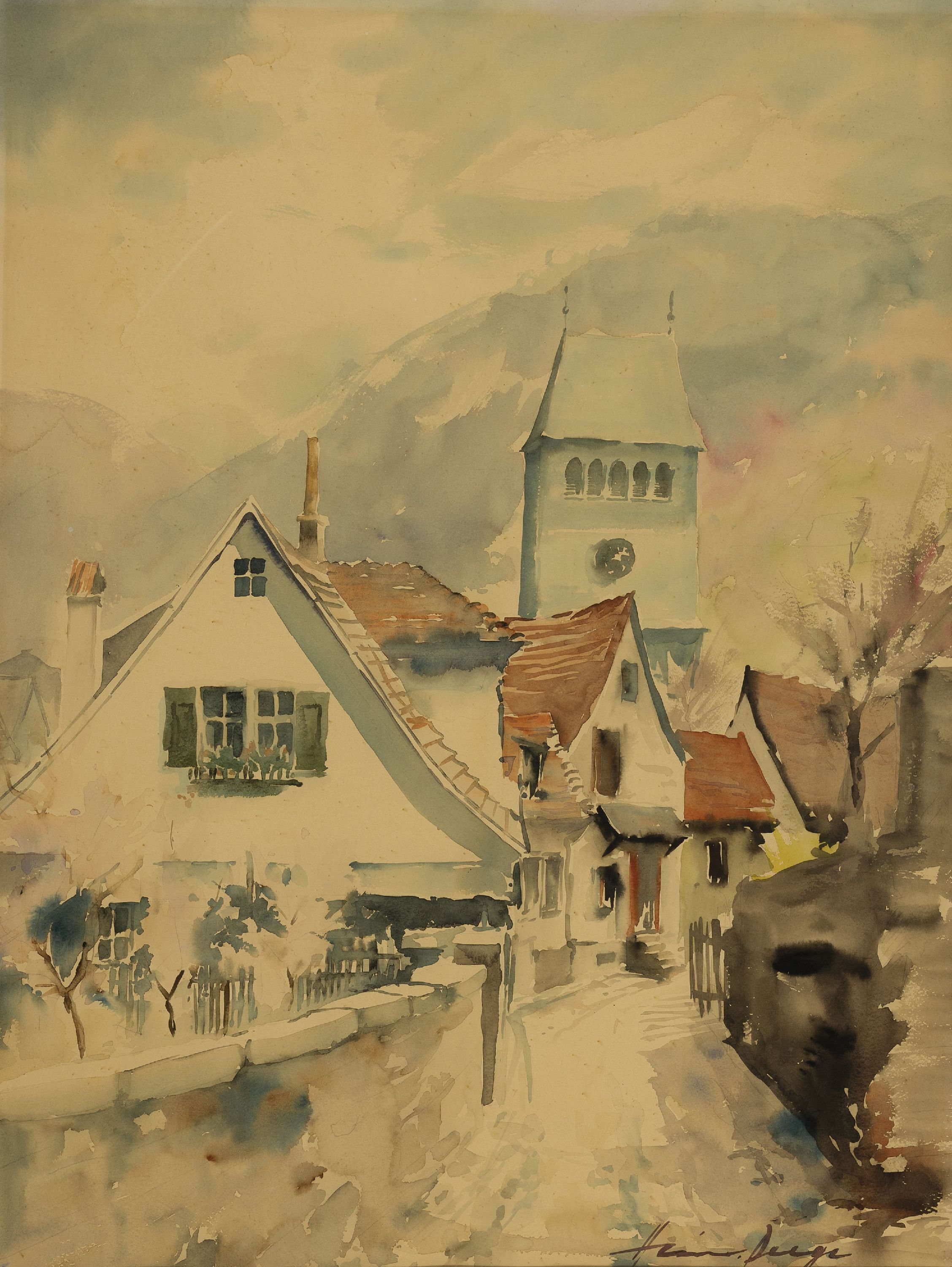 Detail a: Heiner Deege, 1920-2007 Haßloch, 2 Aquarelle: 1x Monterossa, signiert und dat. 1965, ca. 47x62cm, PP, u.Gl., R. ca 66x86cm; 1x Blick in ein Dorf, ...