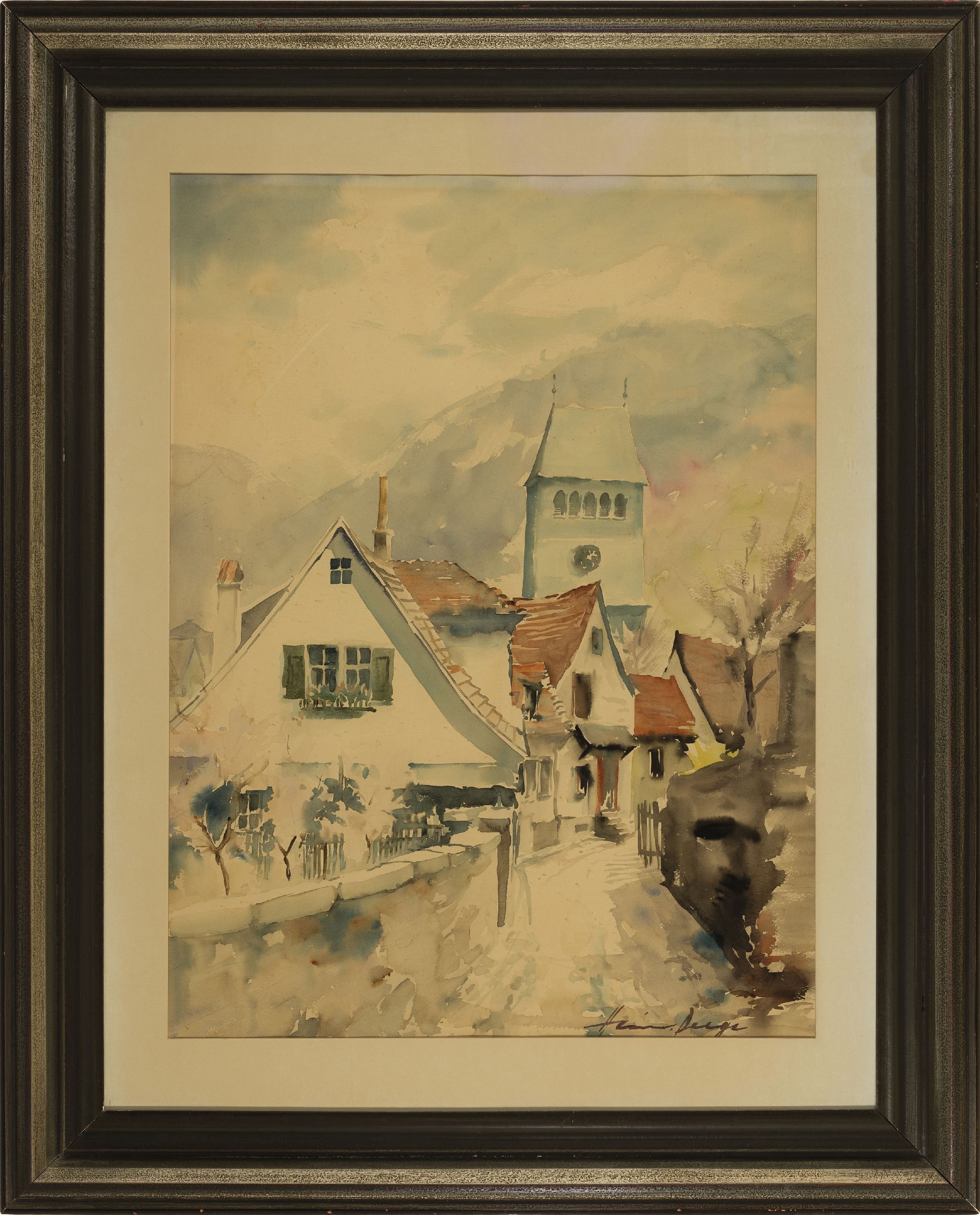 Detail l: Heiner Deege, 1920-2007 Haßloch, 2 Aquarelle: 1x Monterossa, signiert und dat. 1965, ca. 47x62cm, PP, u.Gl., R. ca 66x86cm; 1x Blick in ein Dorf, ...