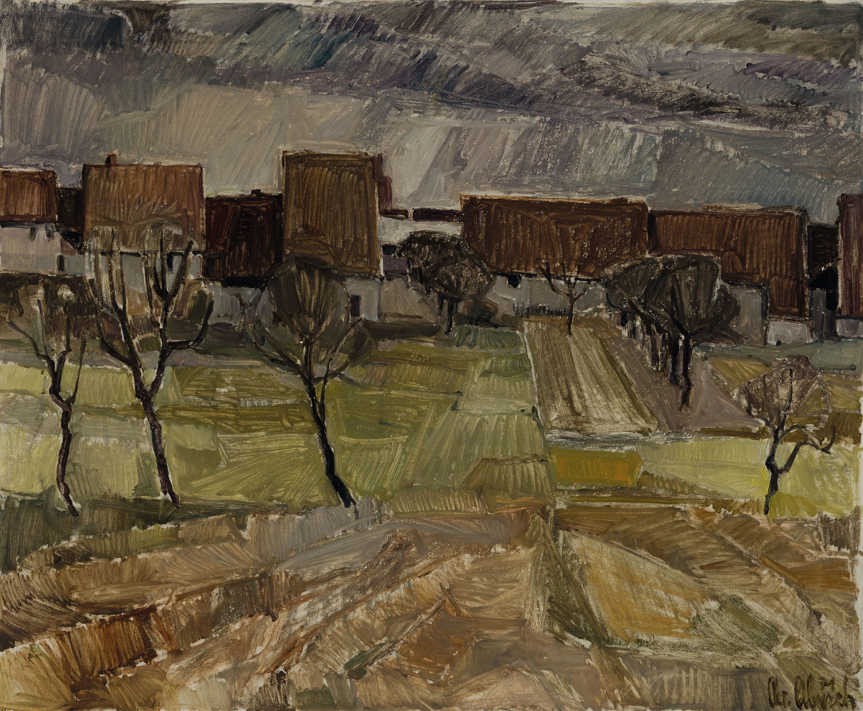 Christel Abresch, 1931 Sulzbach-2011 Neustadt a.d.Weinstr., Ansicht aus Altdorf (Pfalz), Öl/Lwd, rechts unten sign. und dat. 71, ca. 70x85cm, R. ca. ...