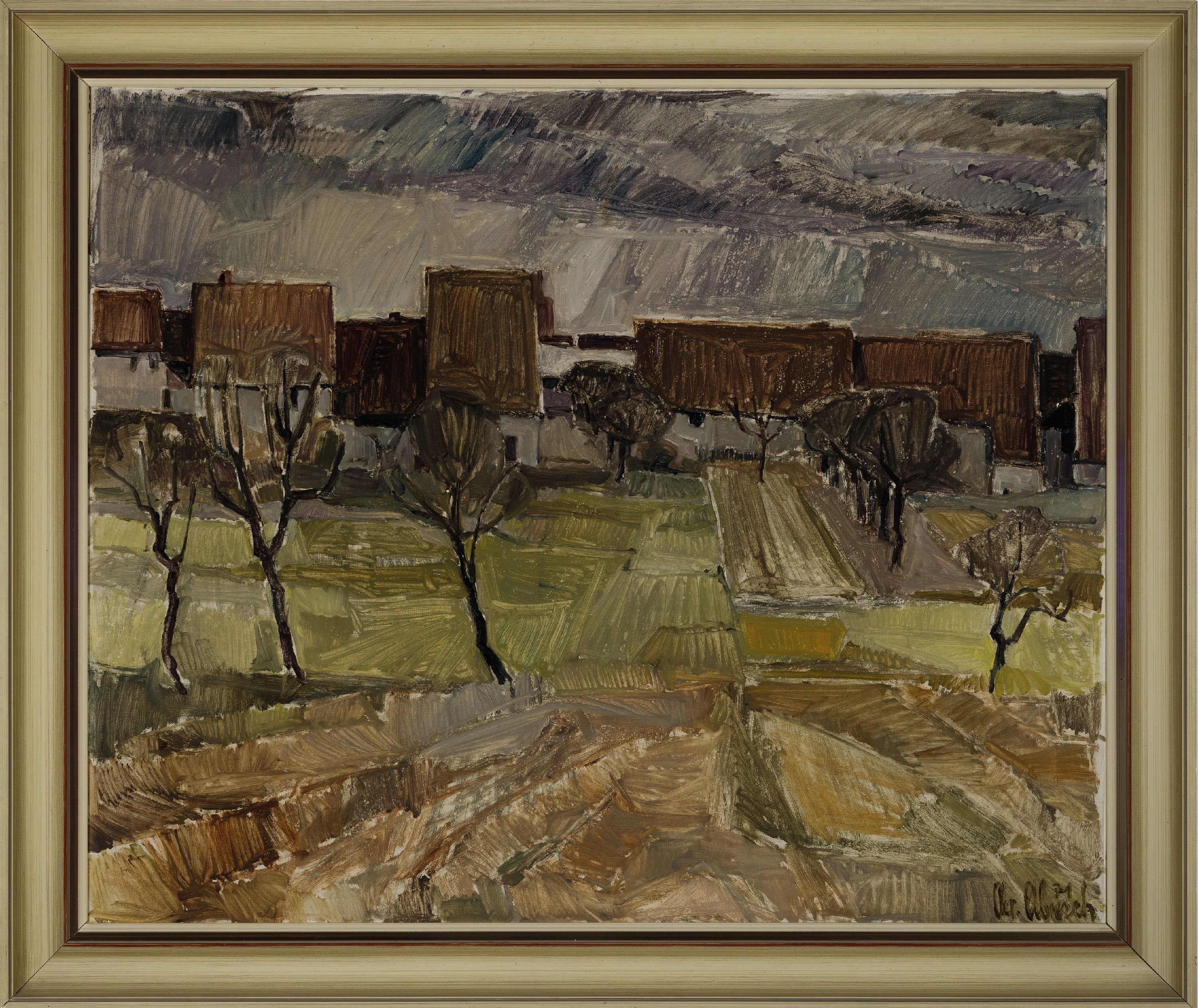 Detail k: Christel Abresch, 1931 Sulzbach-2011 Neustadt a.d.Weinstr., Ansicht aus Altdorf (Pfalz), Öl/Lwd, rechts unten sign. und dat. 71, ca. 70x85cm, R. ca. ...