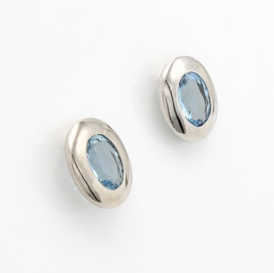 26967642a - Paar Ohrstecker mit Aquamarinen, WG 585/000, 2 ovale Aquam. in glatter, breiter Fassung ...