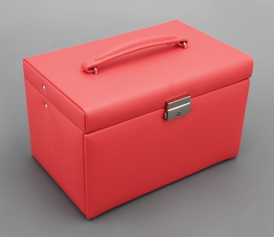 Image Schmuckkoffer aus korallefarb. Feinsynthetik, Kreuznarbendekor, beiges Innenfutter, ...