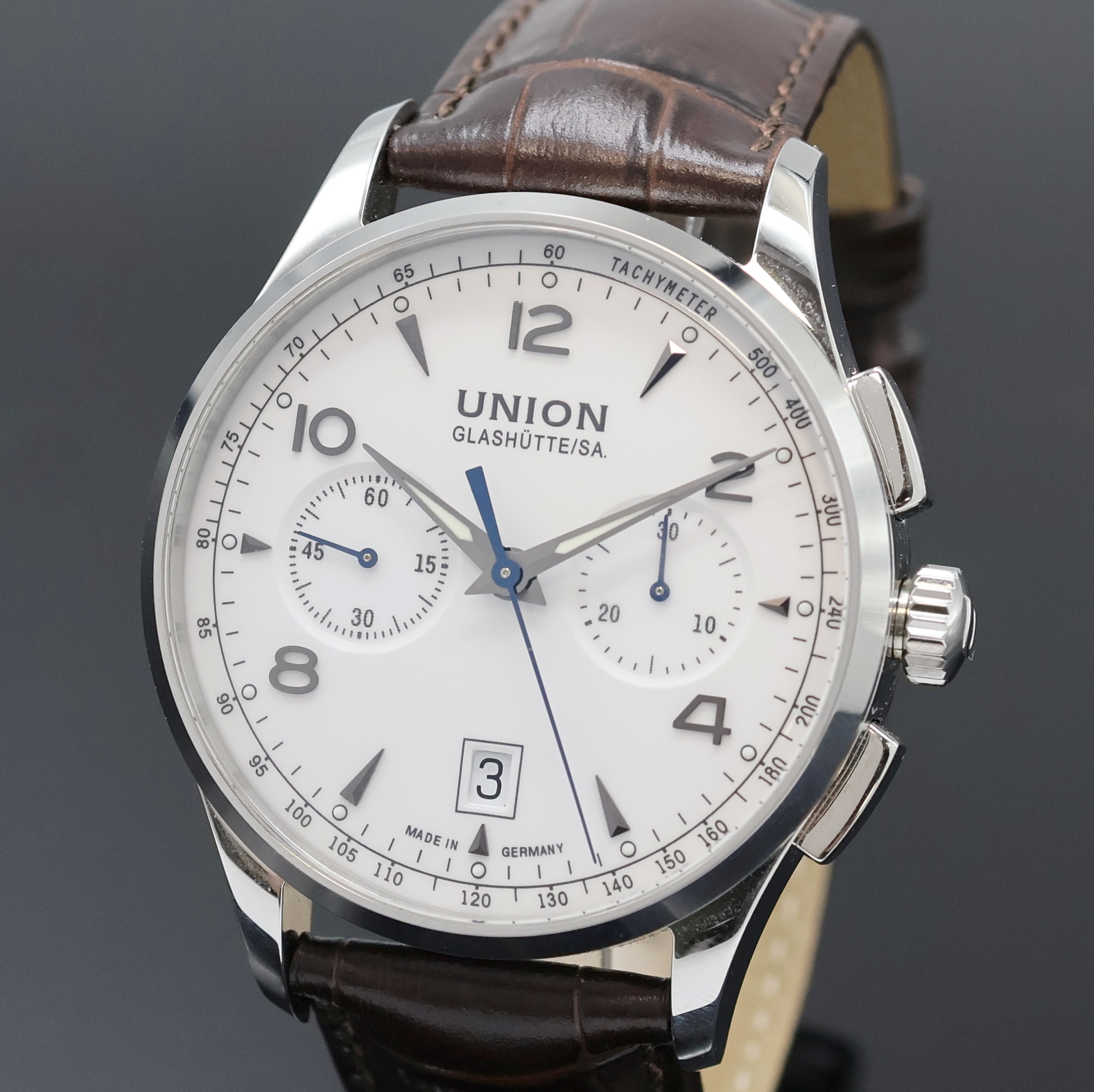 Detail a: UNION GLASHÜTTE Noramis Herrenchronograph in Stahl, Deutschland um 2020, Automatik, beids. vergl. Geh., Boden 6-fach verschr., orig. Lederband m. ...