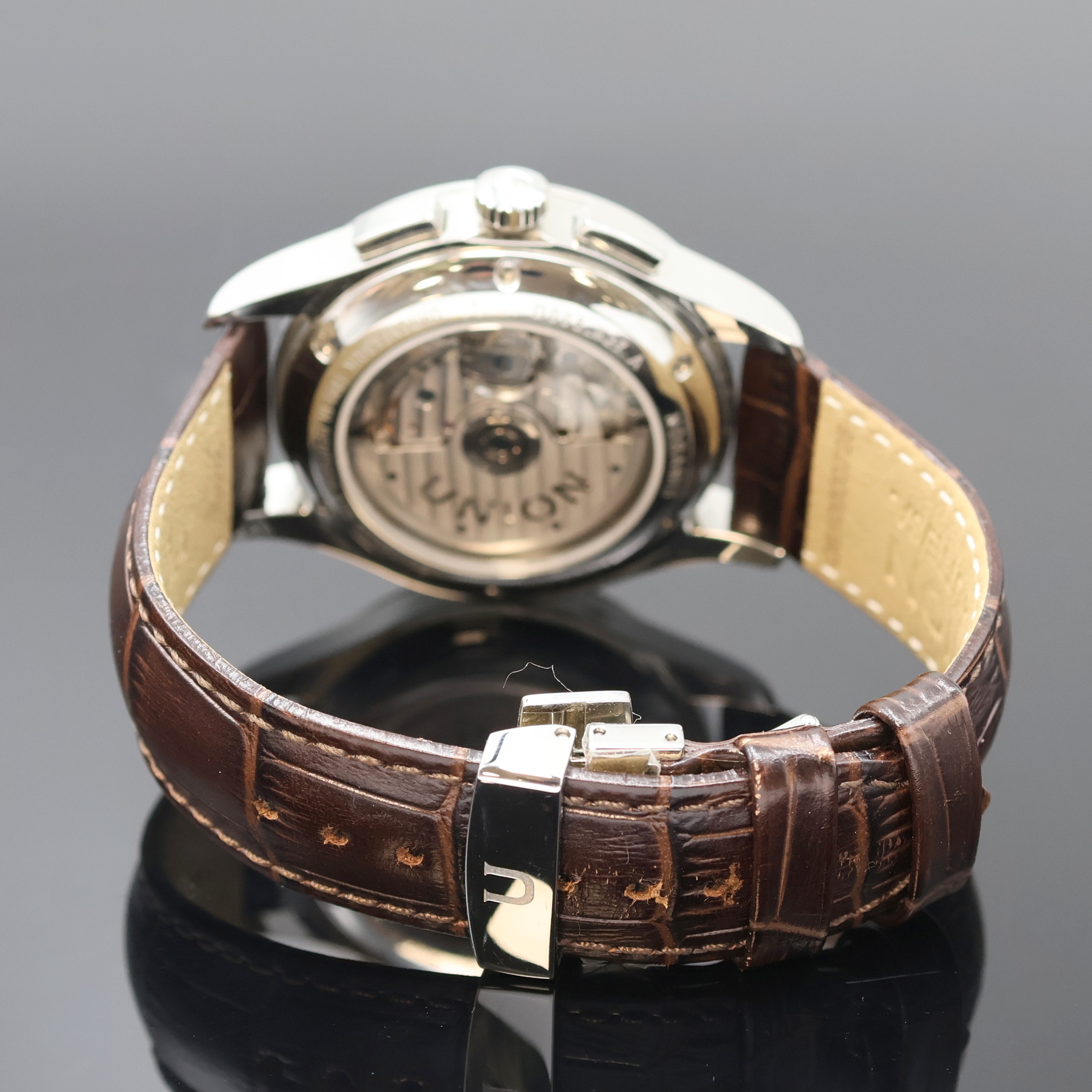 Detail b: UNION GLASHÜTTE Noramis Herrenchronograph in Stahl, Deutschland um 2020, Automatik, beids. vergl. Geh., Boden 6-fach verschr., orig. Lederband m. ...