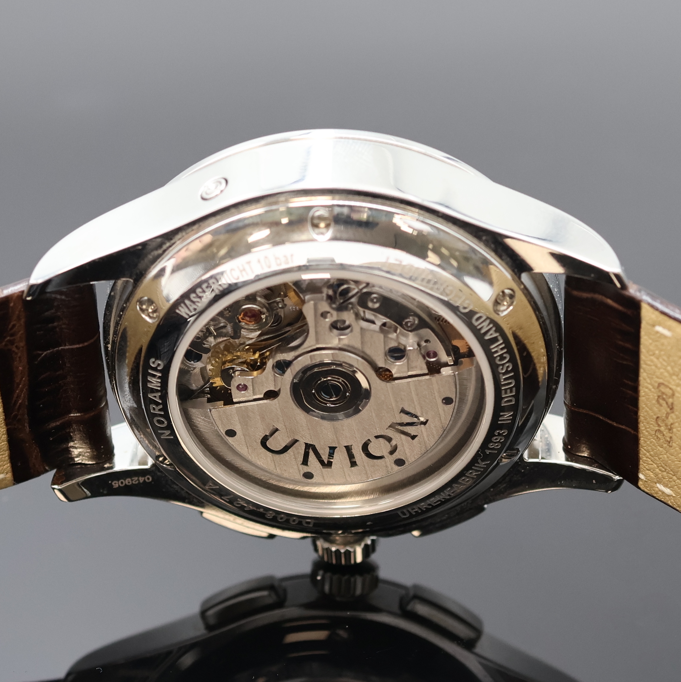 Detail f: UNION GLASHÜTTE Noramis Herrenchronograph in Stahl, Deutschland um 2020, Automatik, beids. vergl. Geh., Boden 6-fach verschr., orig. Lederband m. ...