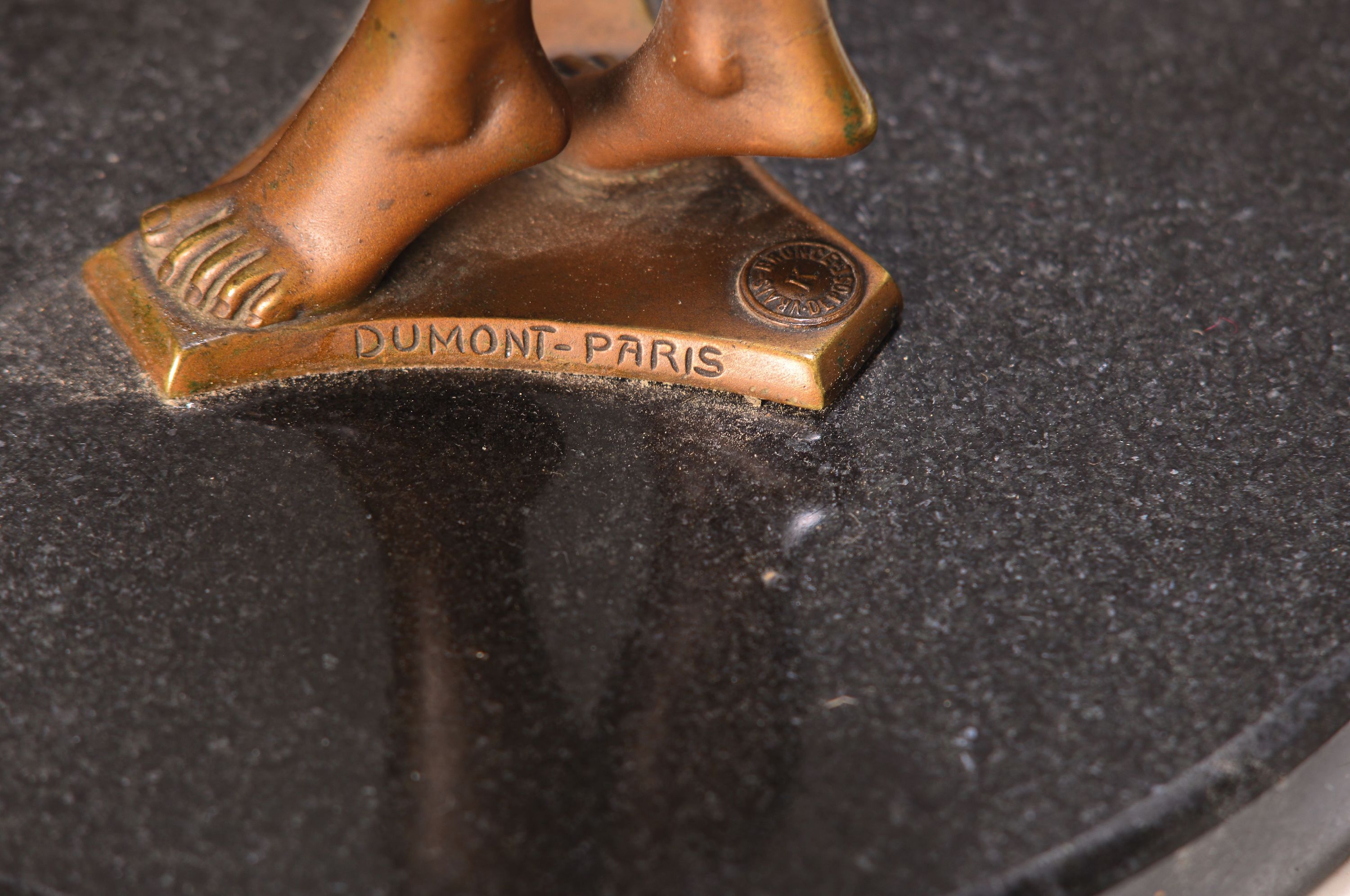 Detail a: Bronzefigur, "Tänzerin", Frankreich, signiert Dumont-Paris, um 1900/10, am Sockel bezeichnet, auf rundem Steinsockel, patiniert, l. ...