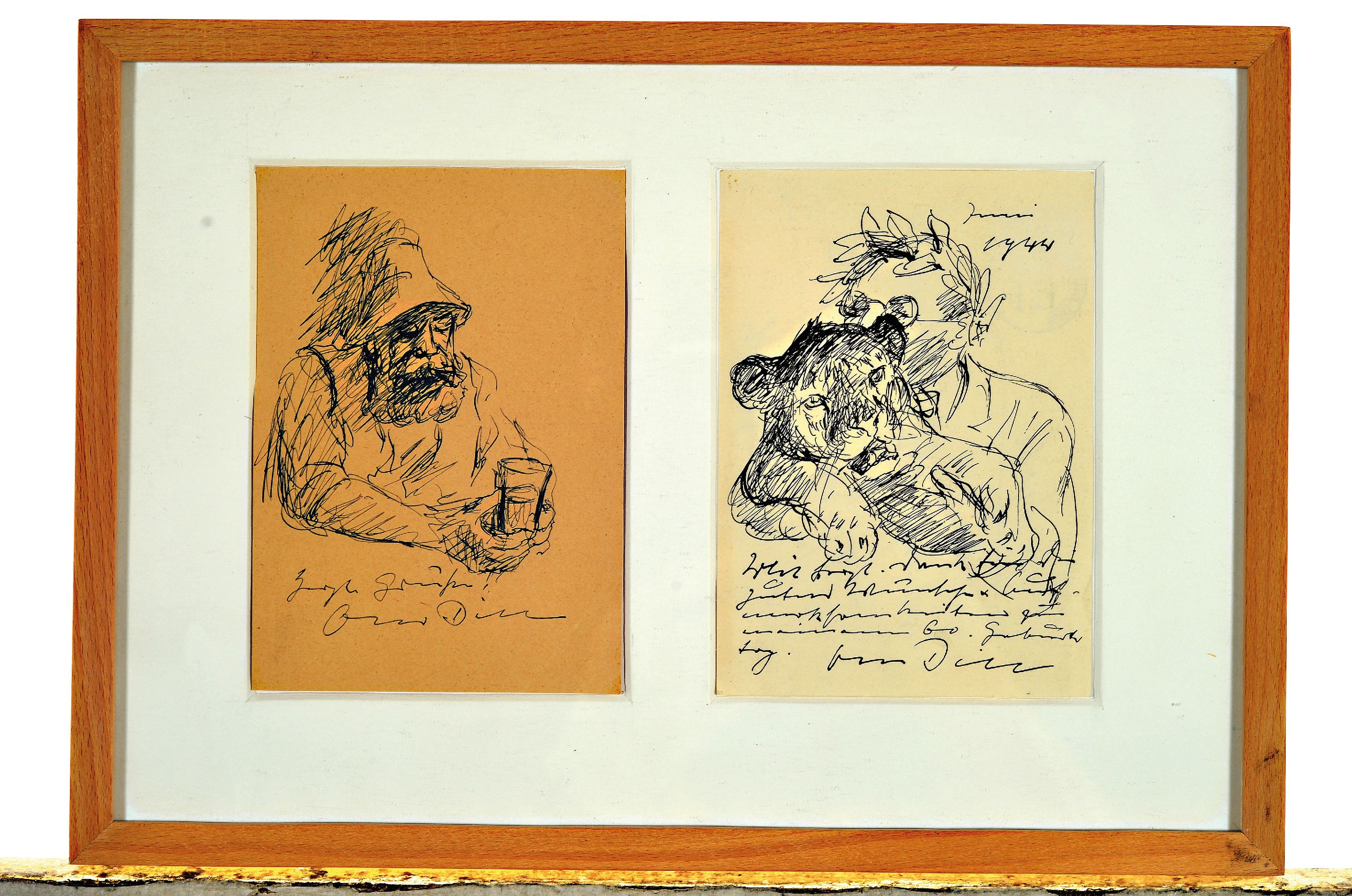 Detail k: Otto Dill,1884 Neustadt - 1957 Bad Dürkheim, Skizze, Weintrinker, ca. 14.5 x 10 cm, handsigniert, zweites Blatt Litho, Gesamtmaß ca. 34 x 23.5 cm