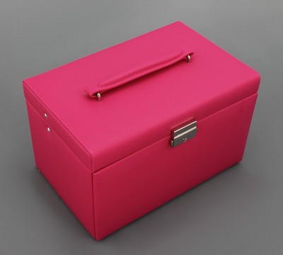 Image Schmuckkoffer aus fuchsiafarb. Feinsynthetik, Kreuznarbendekor, beiges Innenfutter, ...