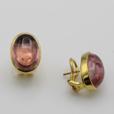 26967752a - Paar Ohrstecker mit Turmalinen, GG 585/000, 2 rosa Turmalincabochons zus. ca. 17 ct, m. ...