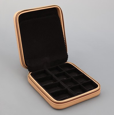 26967756b - Reiseetui für Schmuck und Uhren, dunkelbeiges Kunstleder, schwarze Inneneinrichtung, ...