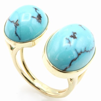 26967858a - Ring mit Türkisen, GG 585/000, 2 ovale Türkise zus. ca. 21.5 ct, offen gearb., RW ca. ...