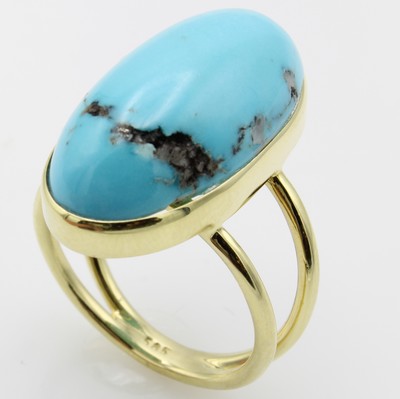 26967859a - Ring mit Türkis, GG 585/000, ovaler Türkis ca. 13 ct, 2-rhg. Optik, RW ca. 58 ...