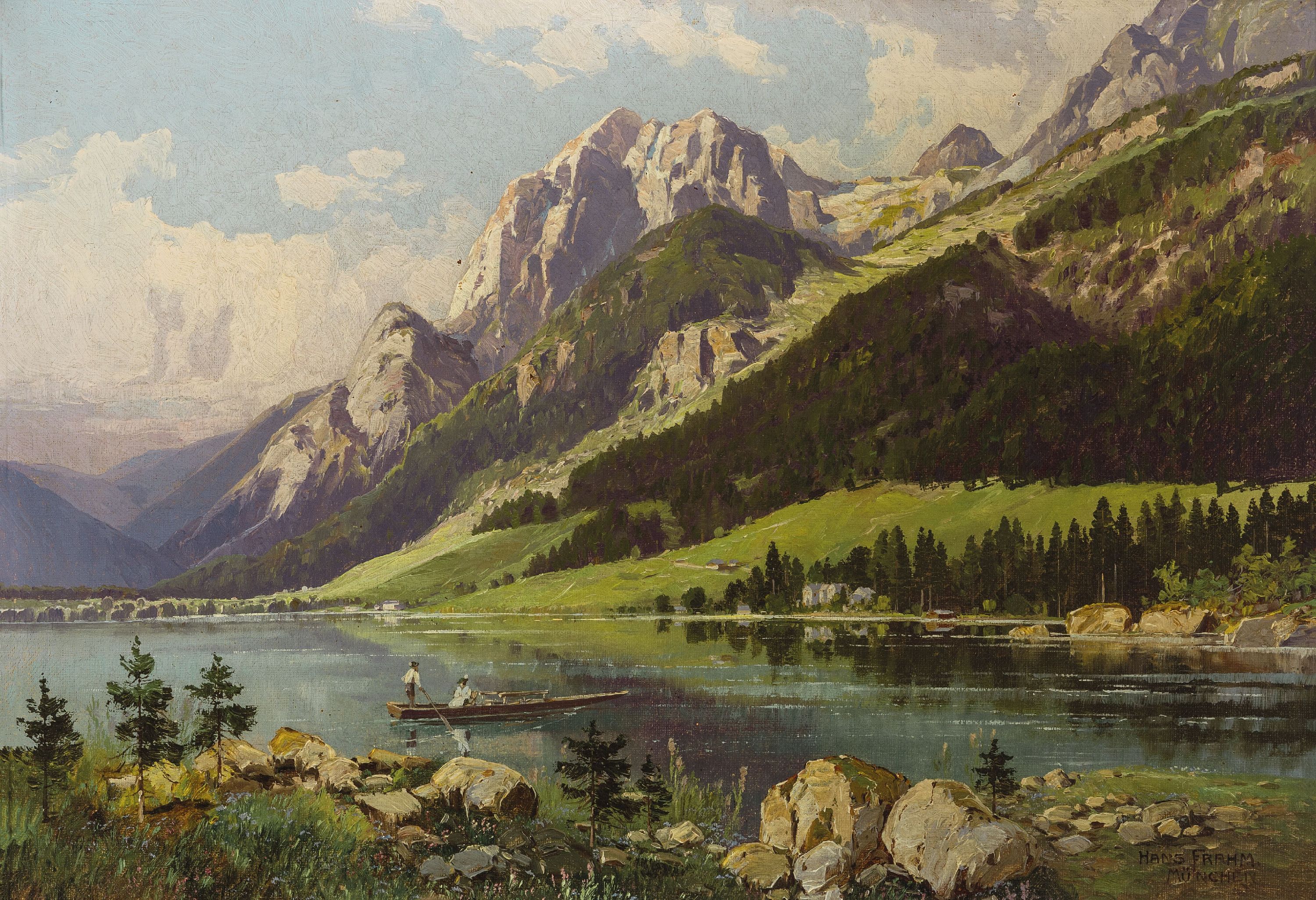 Image 26968346 - Hans Frahm, 1864 Schwerin-1938 München, Gebirgslandschaft mit See, Öl/Lwd, rechts ...