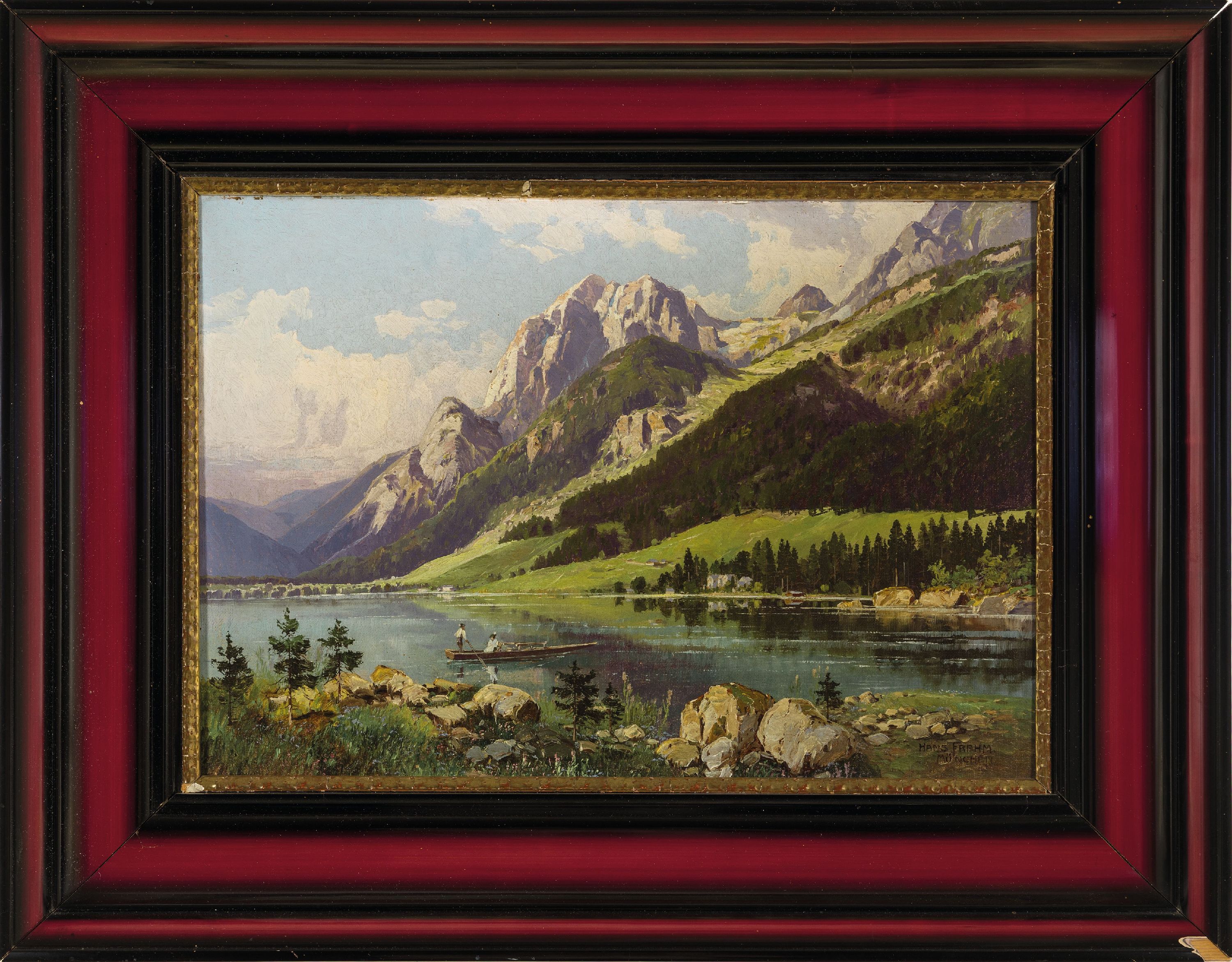 Detail k: Hans Frahm, 1864 Schwerin-1938 München, Gebirgslandschaft mit See, Öl/Lwd, rechts unten sign., ca. 35x50cm, R. besch. ca. 55x70cm
