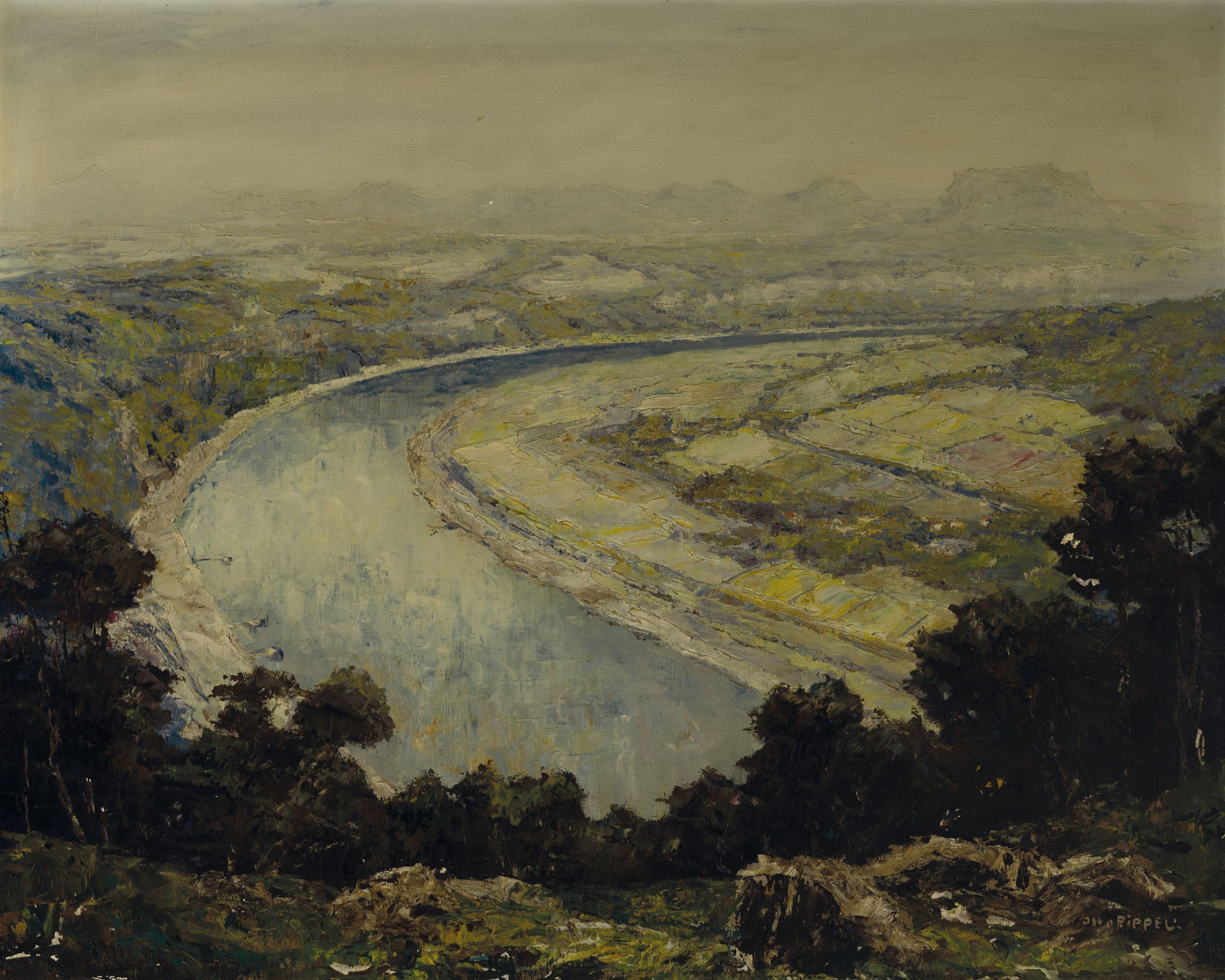 Otto Pippel, 1878 Lodz-1960 Planegg, Blick von der Bastei auf das Elbetal, Sächsische Schweiz, rückseitig auf altem Etikett so betitelt, Öl/Lwd, ...