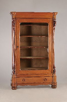 bookcase, Biedermeier, 19.th c., cherry tree veneer on partly oak corpus, single-door glazed, with base drawer, 1 key, approx. 198 x123 x 62 cm, ...