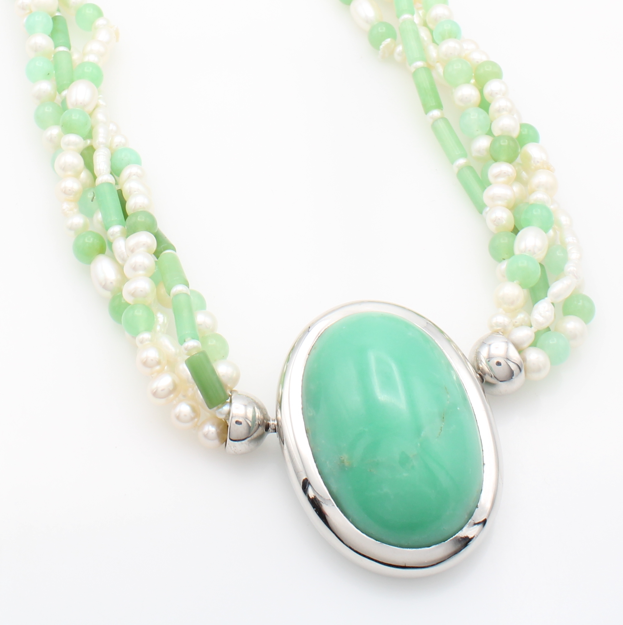 Image 26968457 - 5-reihige Chrysopraskette mit Süßwasserzucht- perlen, Wechselschl. 925er Silber, L. ...