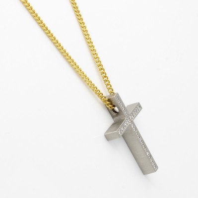 26968454a - Kreuzanhänger mit Brillanten an Kette, PT 950/000, Kette GG 750/000, Brill. zus. ca. ...